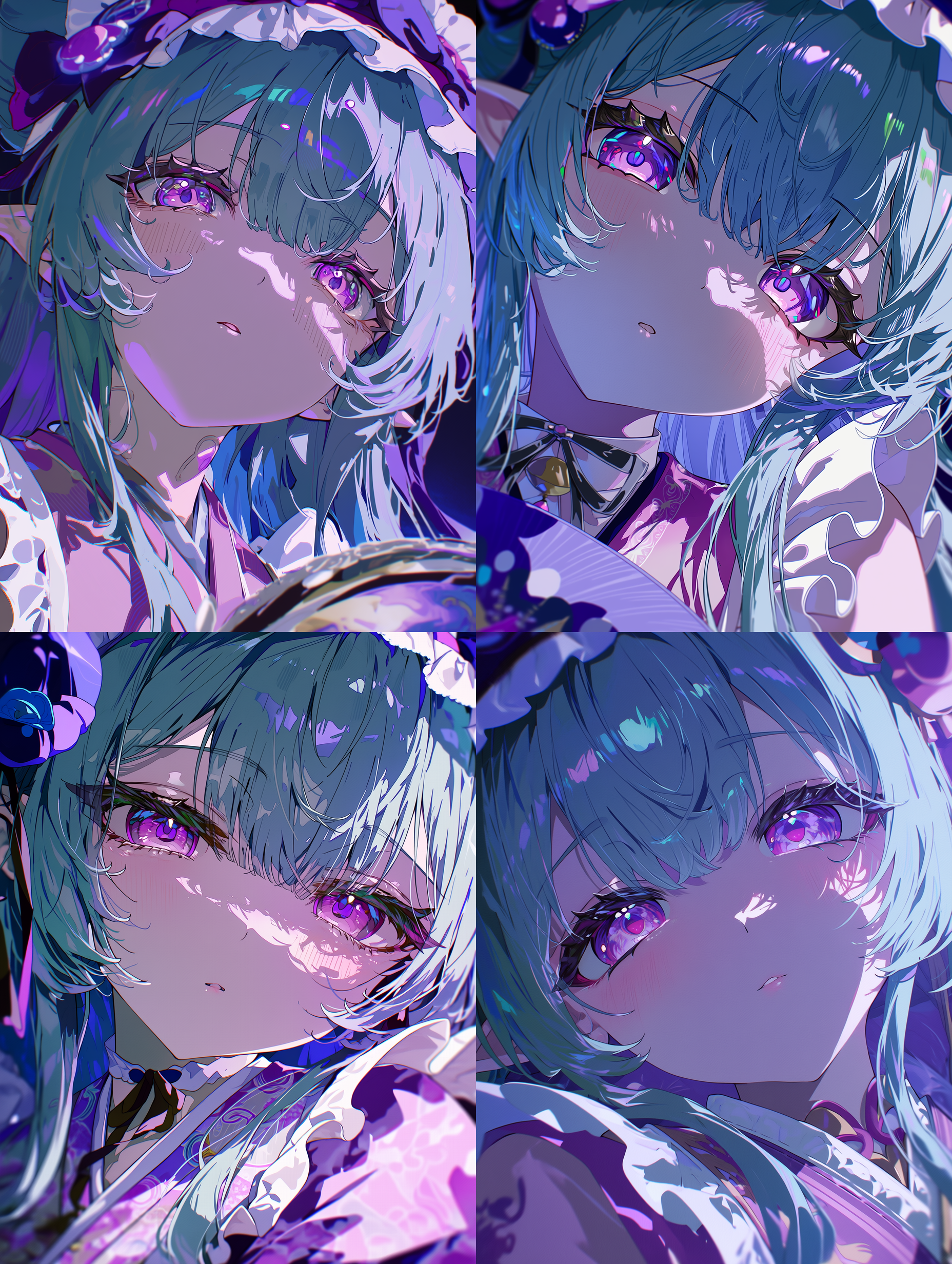 细致的动漫插画，描绘梦见月瑞希，妖怪美学风格，光泽蓝绿色长发带有柔和高光，富有表现力的紫色眼眸呈现细腻反光，繁复的粉紫色和服搭配白色蕾丝边饰，灯笼散发的体积感夜光，紫色妖怪灵体细节，专业数字艺术，面部