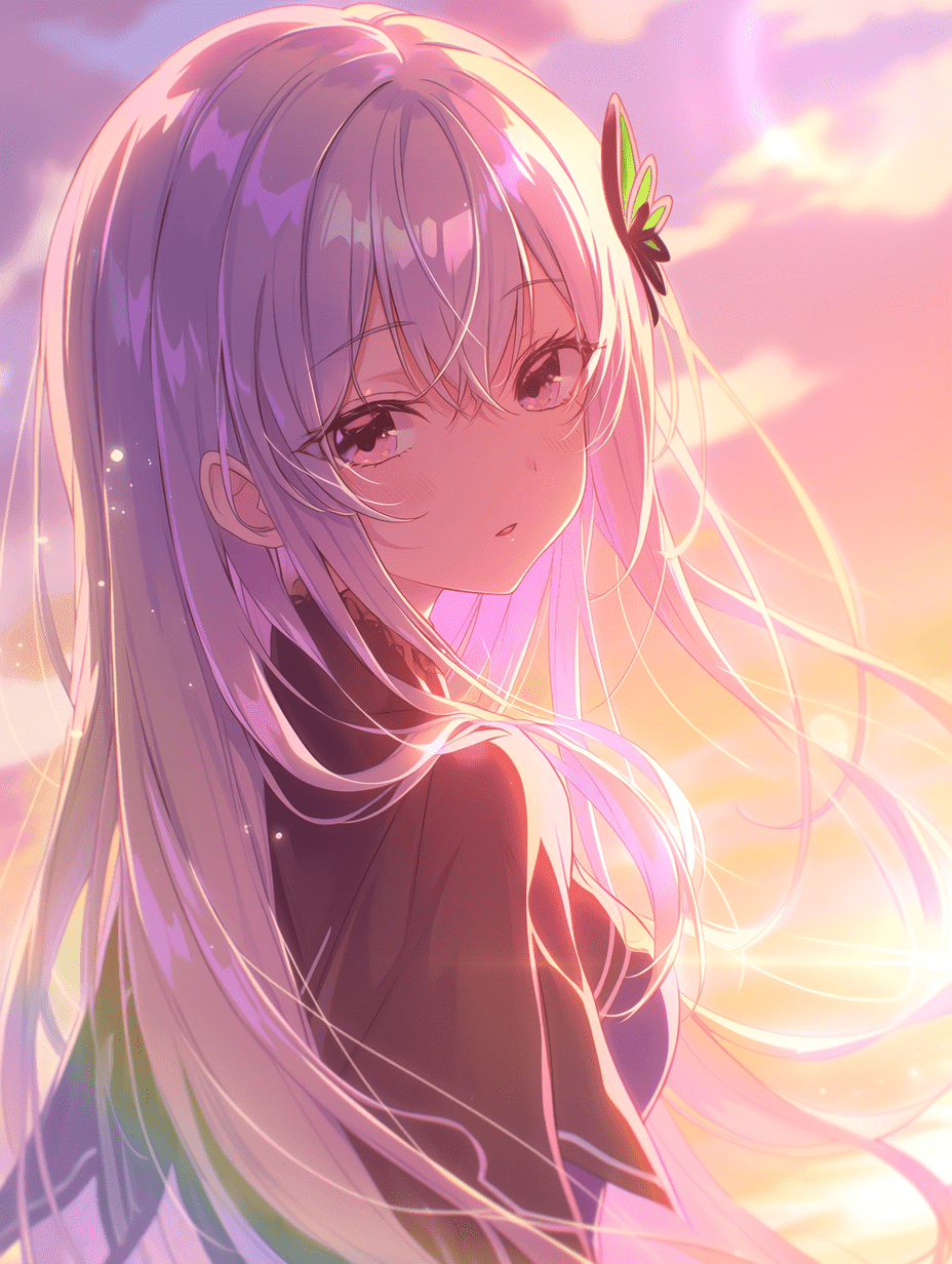 动漫风格，来自《Re:Zero》的爱蜜莉雅，黄金时刻逆光，温暖光辉照亮发丝，柔和轮廓光，梦幻氛围，增强的粉彩色调日落，空灵光线，魔法般的情绪