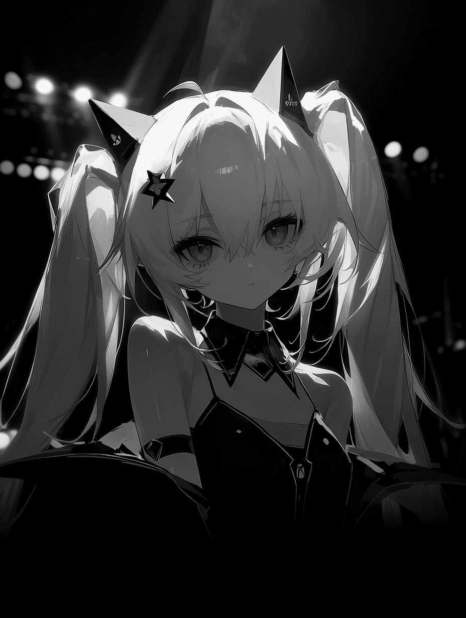 动漫风格，拟人化的Xbox Series X少女，白色双马尾，戏剧性的影棚灯光，高对比度，电影般的氛围，利落的黑白美学，情绪深沉而强大，锐利的边缘，体积光效果