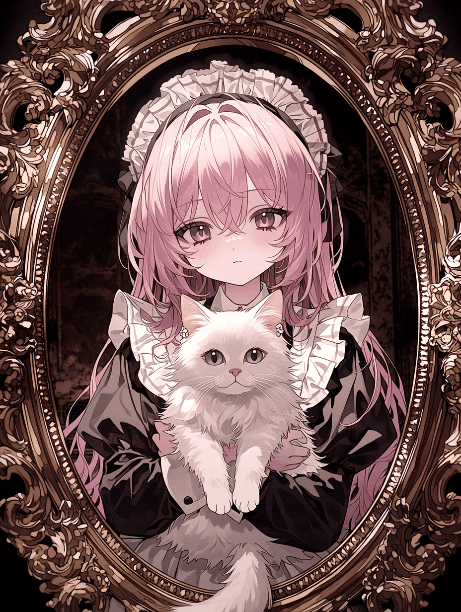 动漫插画，一位粉发紫眼的女仆少女抱着一只白色蓬松的猫咪，身穿黑色维多利亚风格女仆装，配有白色荷叶边和优雅头饰，背景为华丽的暗色巴洛克风格，配有雕花金色镜框，光线柔和，画面为高细节杰作，品质极佳。
