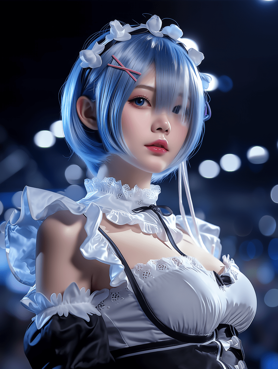 蕾姆（Re:Zero）的写实风格Cosplay摄影，美丽少女，蓝色短发波波头，斜刘海遮住一只眼睛，佩戴粉色花朵发夹和白色荷叶边女仆头带，经典黑白女仆装，大量褶边与蕾丝装饰，露肩款式，白色蕾丝领口配小黑