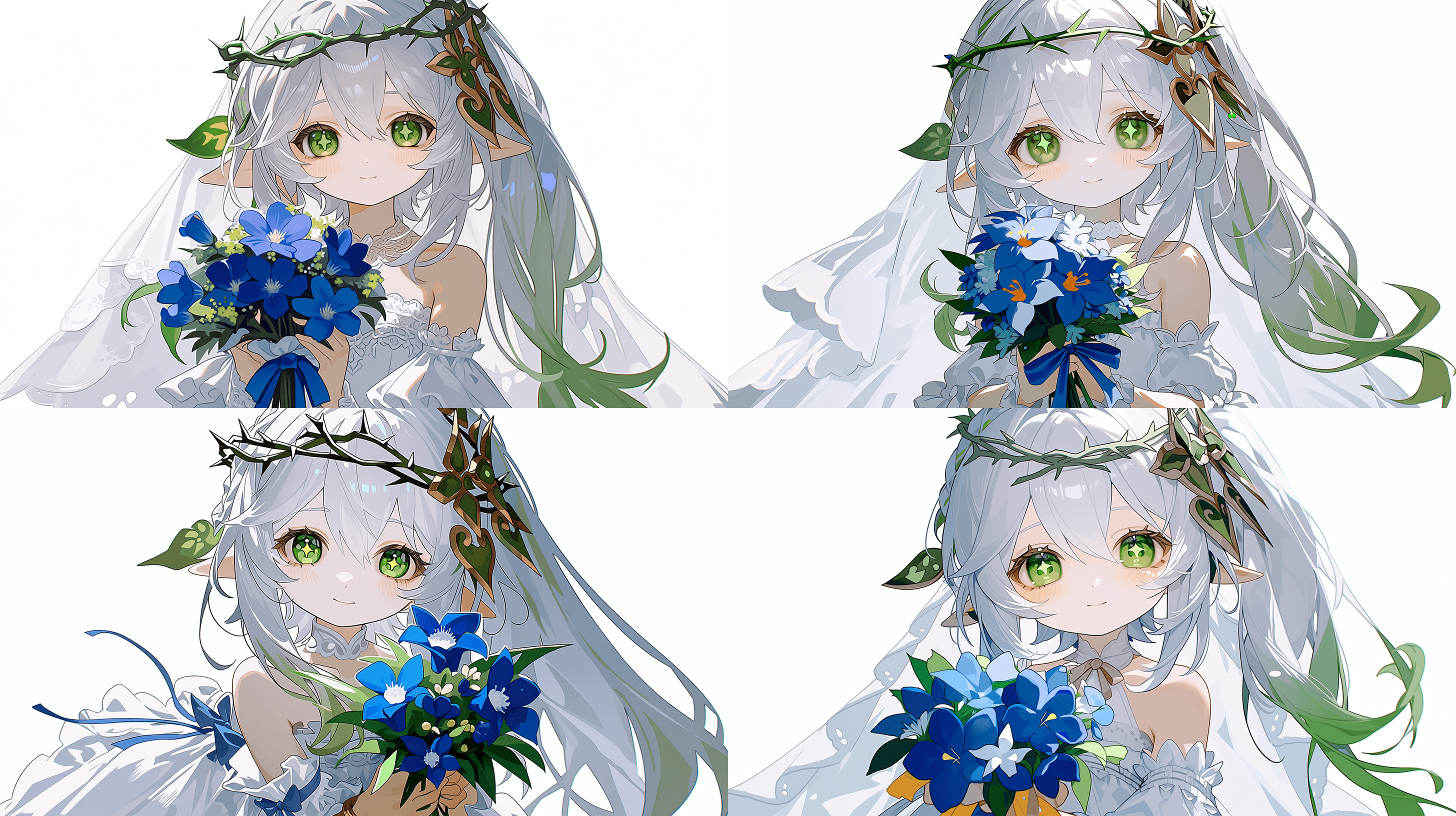 原神角色纳西妲被描绘为一位可爱的少女，拥有银色长发、绿色眼睛和荆棘王冠，身穿白色蕾丝婚纱，双手捧着蓝色花朵。作品采用动漫风格，纯白背景，忠实还原原神美术风格。纳西妲设计为长直银发、闪亮翡翠绿虹膜、白皙