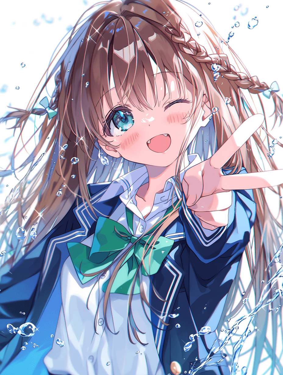 动漫风格，棕色长发少女身穿蓝白配色校服，系绿色蝴蝶结，表情欢快地眨眼，双手比出双和平手势，发丝超精细且含编发部分，服装褶皱丰富细腻，画面点缀晶莹水珠，锐利对焦，8K分辨率