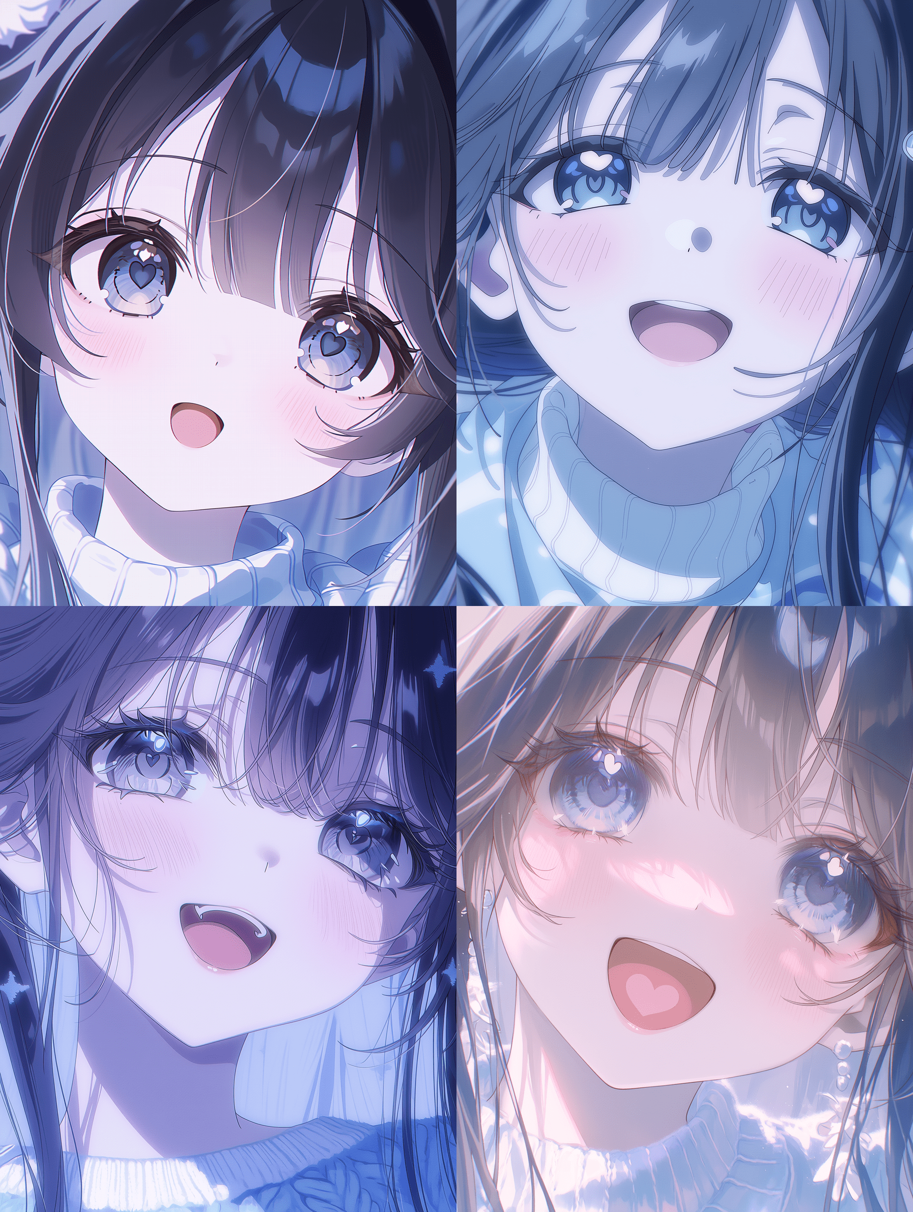 轻小说动画风格，18-19岁少女孟子的特写肖像，可爱的爱心脸庞，五官精致，清澈如小鹿般的大眼睛盛满洋溢的喜悦与一丝不安，柔顺的深色长发轻柔环绕脸颊，身着淡雅的浅蓝与白色针织衫，柔和的冷白与淡蓝环境光凸