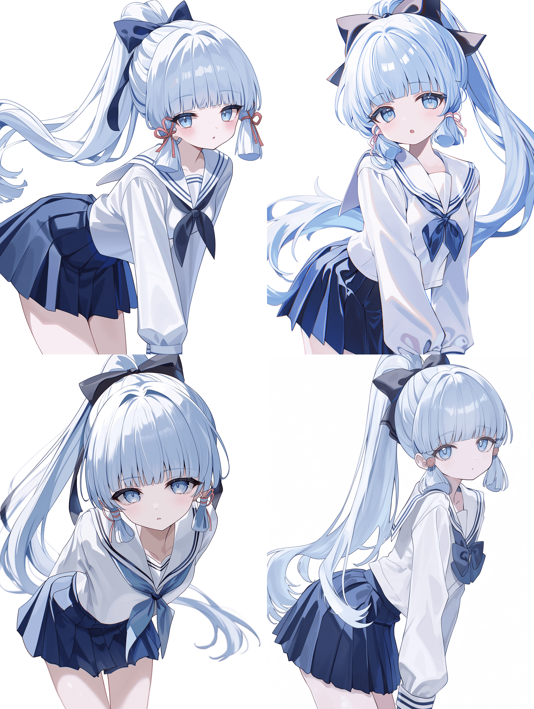 神里绫华，现代女高中生风格，水手服，白色短上衣，蓝色百褶裙，高马尾搭配大黑色丝带，身体前倾面向观众，眼神灵动，浅蓝色长发，姬发式刘海，纯白背景，色彩鲜艳，线条清晰，风格化动漫角色设计，专业动漫肖像，轮