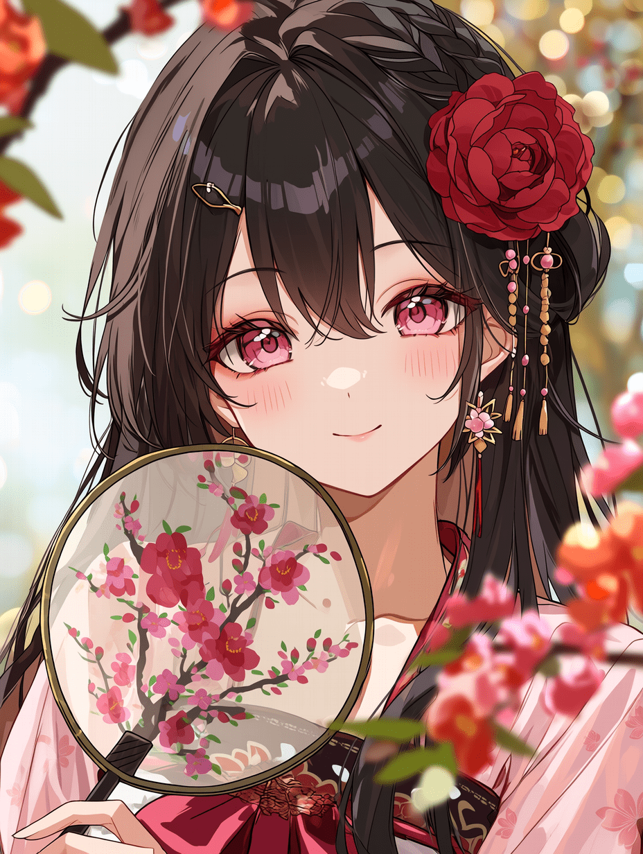 动漫风格，优雅的东方少女身穿传统汉服，佩戴红玫瑰发饰，手持绘有樱花图案的圆形团扇，粉色眼眸，面带温柔微笑，采用三分法构图，浅景深效果，背景为虚化的树叶光斑，人像特写，专业摄影质感