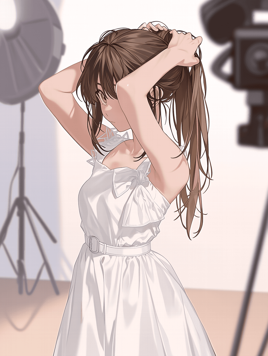 动漫风格，中景描绘一位身着白色长裙的少女，双手将长发轻挽于脑后，采用三分法构图，画面干净简洁， studio 灯光柔和，浅景深聚焦主体，富有艺术感的动漫插画。