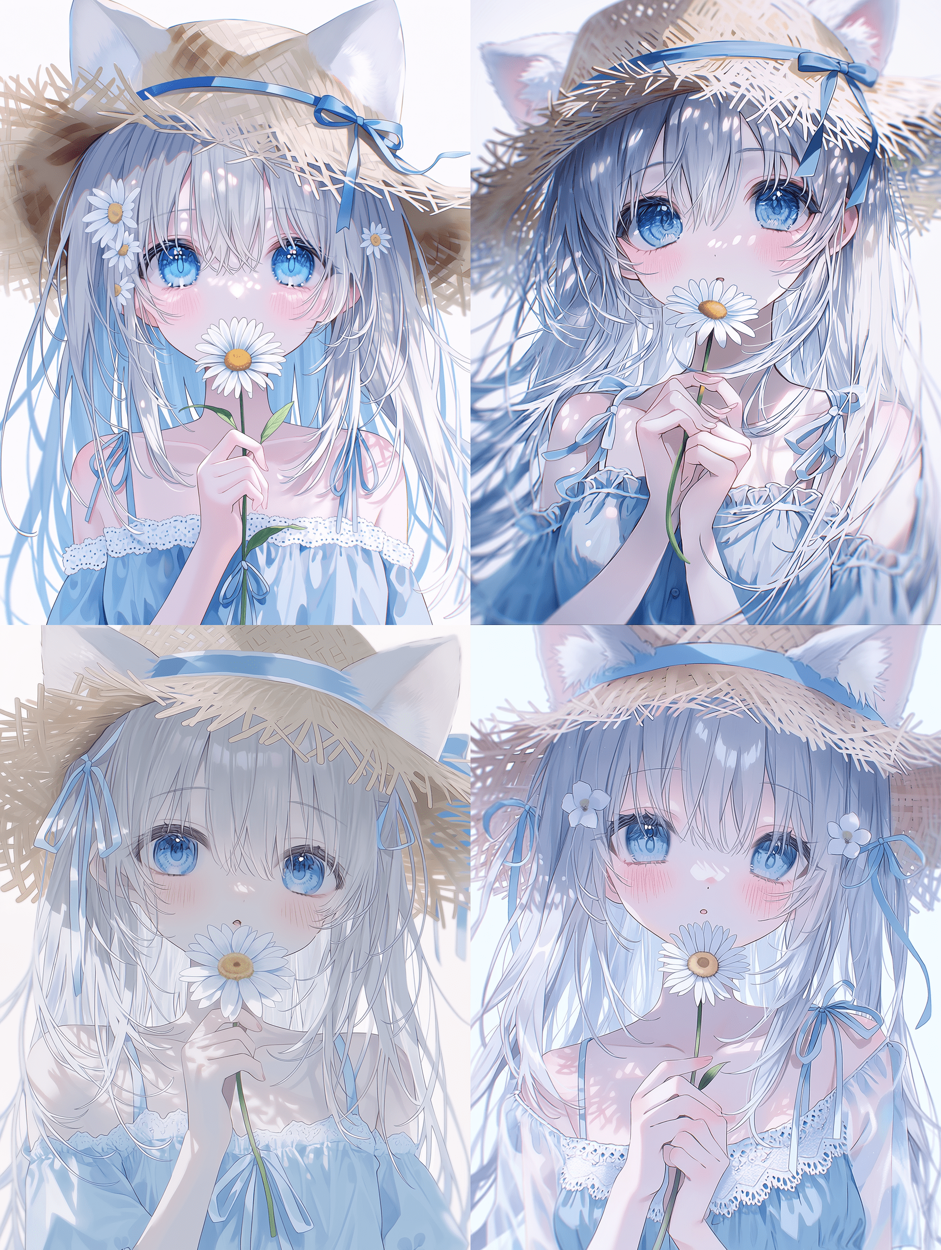 动漫风格，银发猫耳少女，蓝眼睛，戴有蓝色丝带的草帽，身穿浅蓝色连衣裙，手持白色雏菊，发丝细节极致精细，眼眸高光复杂，布料纹理细腻，花瓣柔美，锐利聚焦，8K分辨率