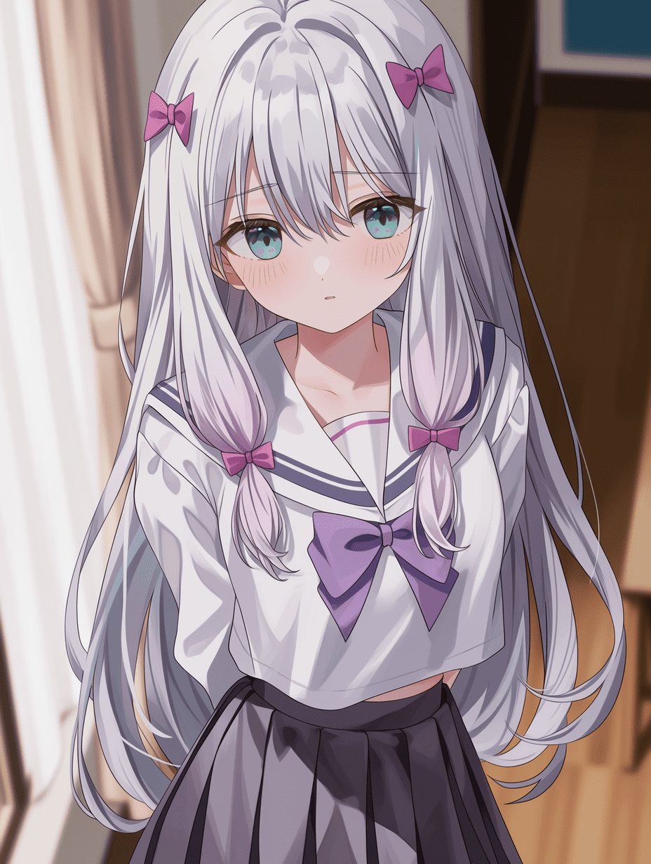 动漫风格，来自《Eromanga Sensei》的伊津美沙季，身穿校服的银发少女，发丝细腻如丝，佩戴紫色丝带，水手服布料褶皱精致，百褶裙纹理清晰，面部表情聚焦，背景为细节丰富的室内房间，8K分辨率