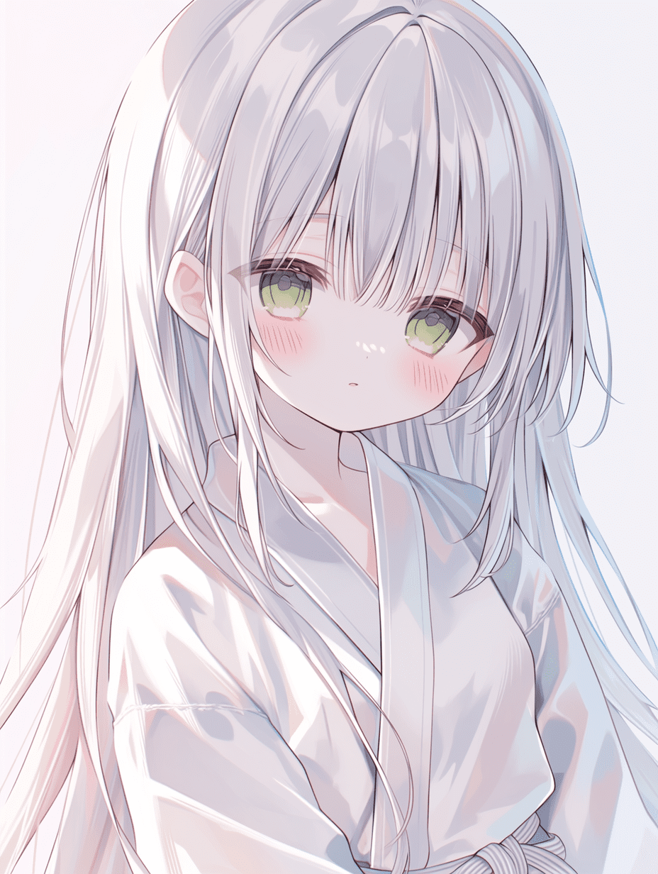 动漫风格，身着传统武术服的银发少女，绿色眼睛，表情温柔，柔和的光线，粉彩色调，半身肖像，杰作，最佳质量，高度细节