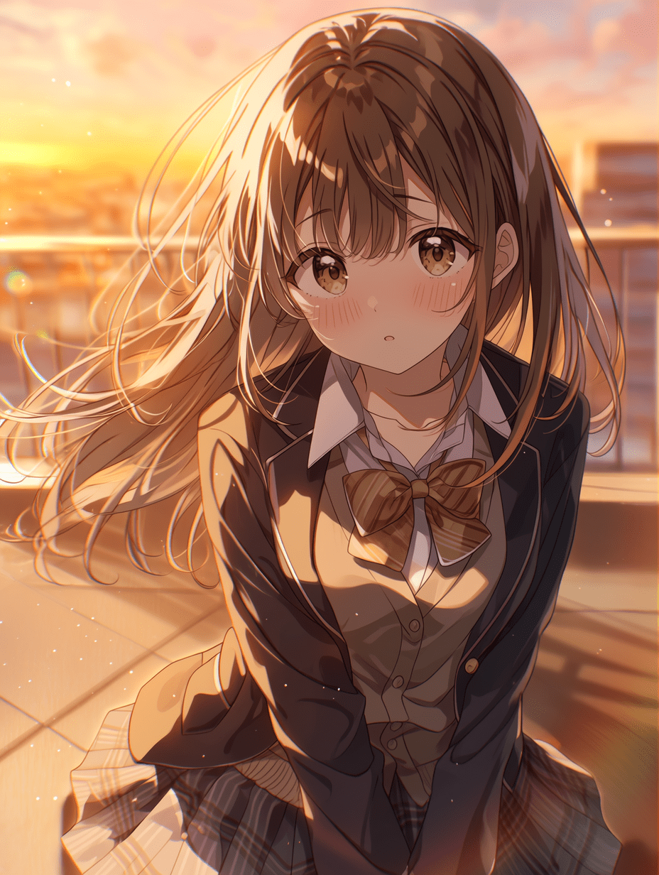 动漫风格，棕发女学生身穿校服站在屋顶上，温暖的夕阳余晖笼罩，发丝超精细刻画，裙子布料褶皱复杂细腻，焦点锐利，背景细节丰富，8K分辨率，画面清晰锐利