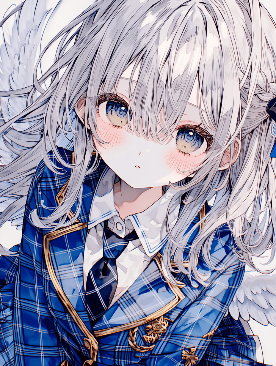 动漫风格插画，身着制服、长有翅膀的银发少女，蓝色格纹布料与金色镶边细节精致，皮肤与发丝采用超精细明暗渲染，锐利聚焦，眼神细腻，线条清晰，具有体积光效果