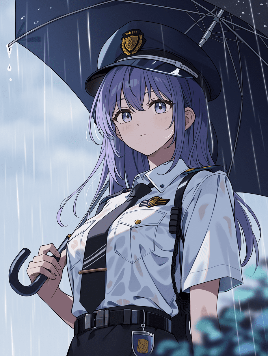 动漫风格，紫发女警察身穿白色制服，手持黑色雨伞，站在倾盆大雨中，采用三分法构图，略低视角，浅景深，背景雨幕虚化，专业动漫取景，突出角色主体。