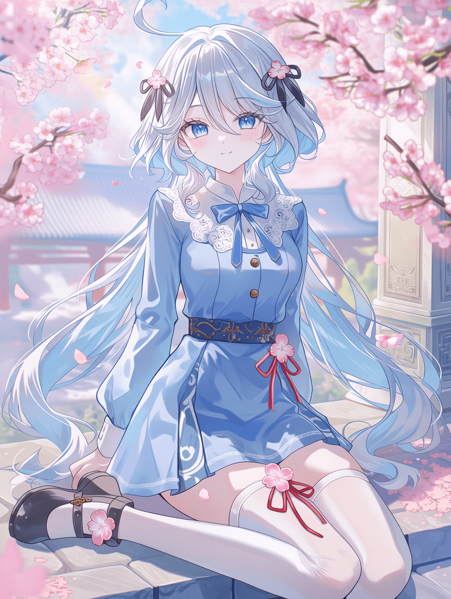 芙宁娜，《原神》，春日樱花风格，银白色长发泛着淡蓝色光泽，明亮的蓝色眼眸，身穿浅蓝色连衣裙，白色蕾丝领、蓝色蝴蝶结、金色纽扣，深色腰带带有装饰纹样，黑色发饰配红色丝带蝴蝶结，白色过膝袜，黑色玛丽珍鞋点