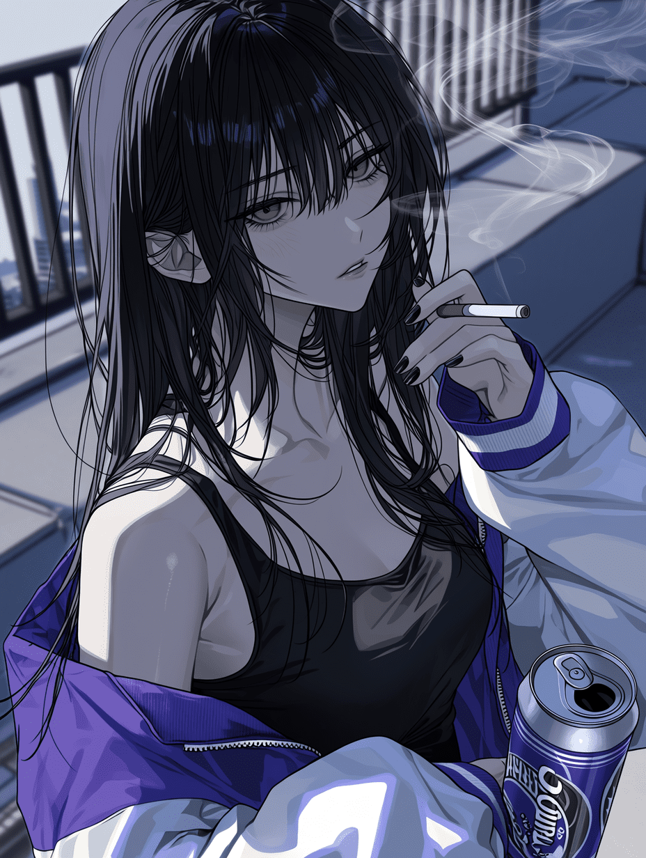 动漫风格，黑发长发年轻女性，身穿黑色背心和紫白相间的学院风夹克，手持香烟和啤酒罐，发丝超精细，服装纹理复杂，飘散的烟雾，锐利对焦，细节丰富的屋顶场景，8K分辨率