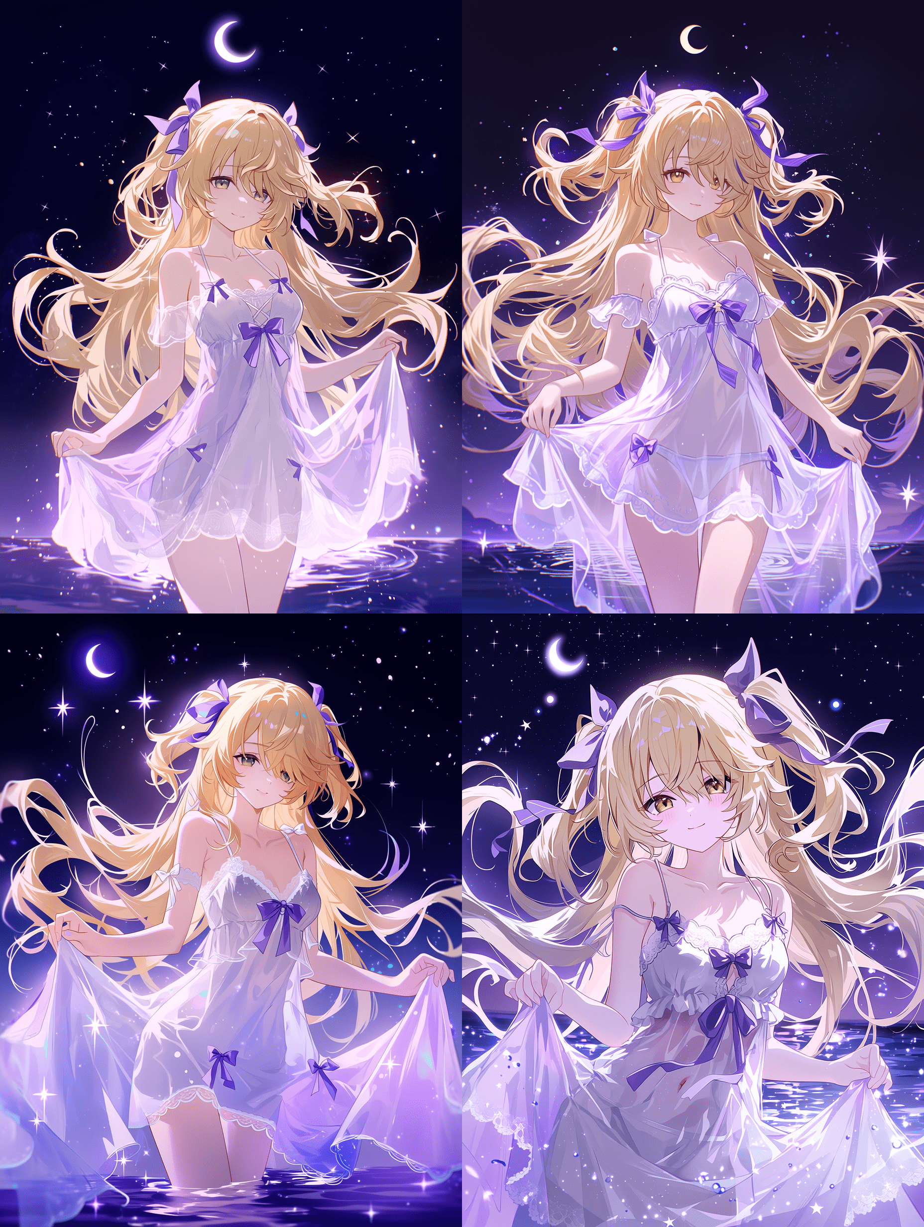 梦幻般的菲谢尔置身于星光璀璨的魔法夜境，柔和梦幻的光线笼罩四周，闪烁着发光粒子与星点。她金色长发扎成飘逸双马尾，系着紫色蝴蝶结丝带；明亮的翠绿色眼眸透出温柔而神秘的凝视。身穿优雅的白色与淡紫色吊带睡裙