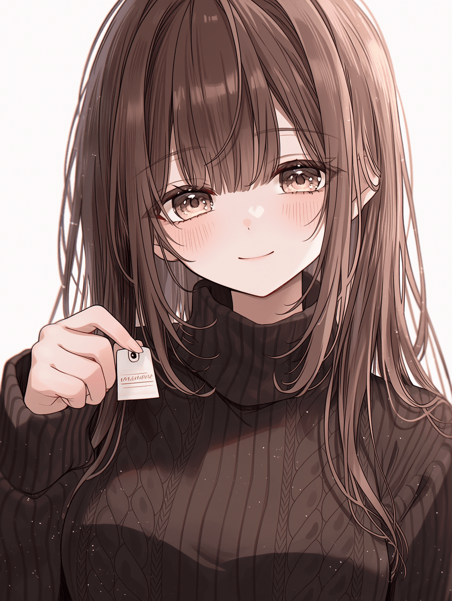 动漫风格，身穿深色毛衣的褐发少女，手持小标签，面带温柔微笑，发丝超精细，织物纹理复杂，焦点锐利，画面包含细腻微粒与精致背景