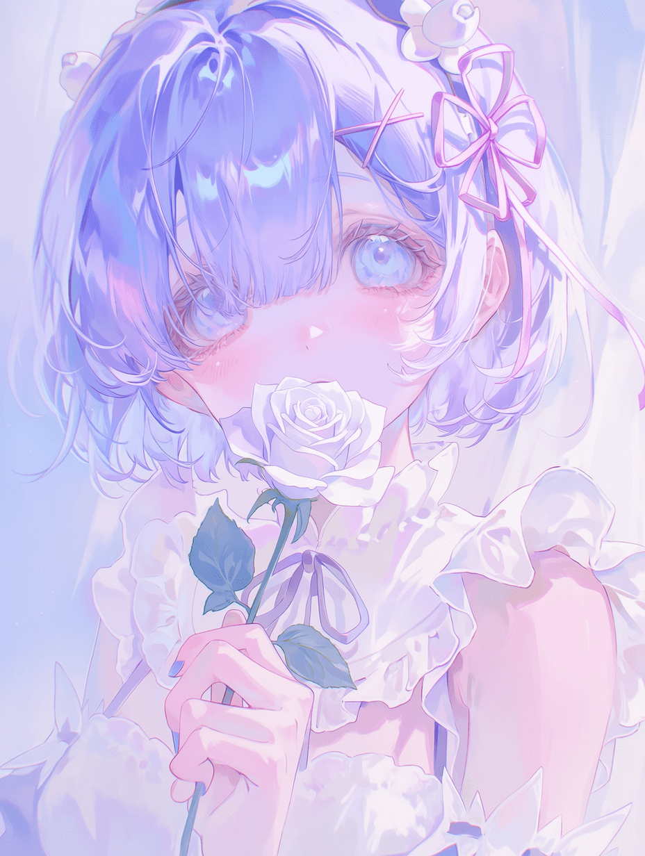动漫风格，来自《Re:Zero》的蕾姆，拥有短发蓝紫色秀发，手持一朵白玫瑰，身着白色荷叶边礼服，发饰为粉色丝带，整体采用柔和的粉彩色调，表情温婉，充满梦幻氛围，杰作，最高画质，高度精细。