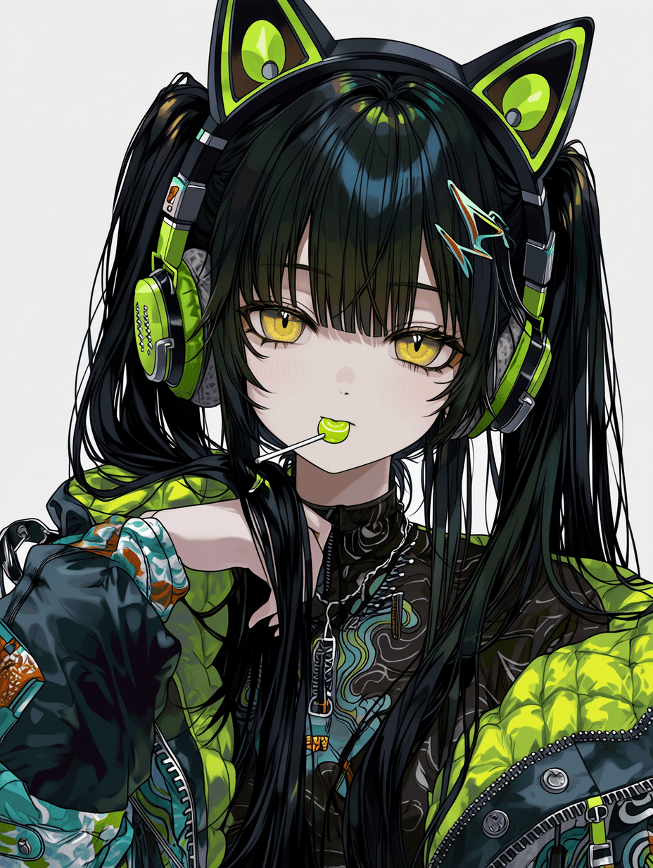 动漫风格，黑发双马尾少女，佩戴绿色猫耳耳机，黄色眼睛，嘴里含着棒棒糖，发丝超精细，夹克面料纹理复杂，焦点锐利，配饰细节丰富，8K分辨率