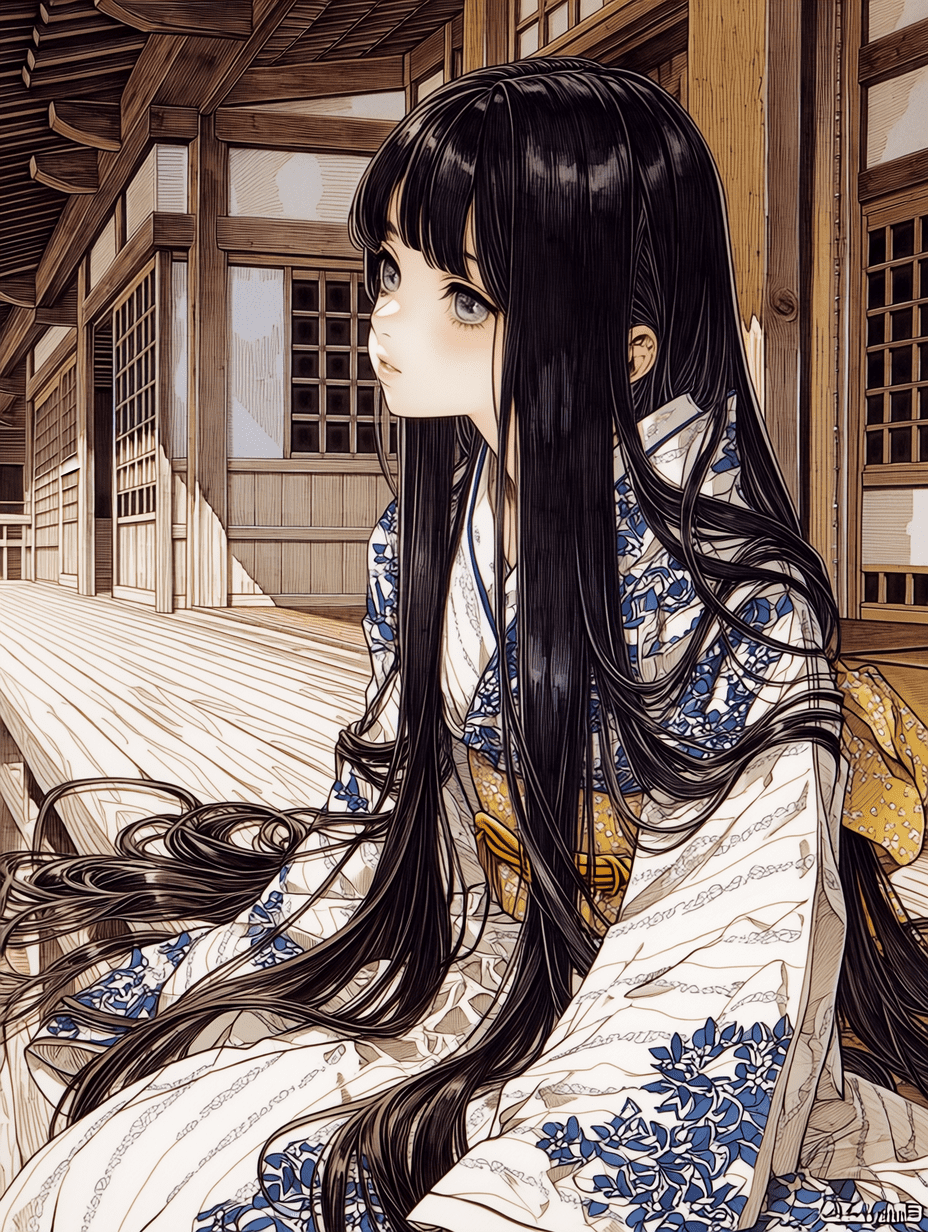 动漫风格插画，一位黑长发少女身着白色和服，衣身饰有蓝色花卉图案，腰系明黄色腰带，端坐于木质露台上，发丝细腻至极，和服织物纹理精致，花卉纹样柔美，画面锐利聚焦，线条精细，木质建筑细节丰富