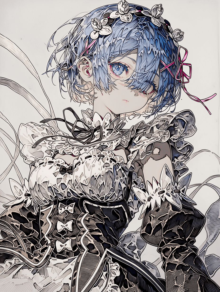 动漫风格，来自《Re:Zero》的拉姆，蓝色短发配粉色蝴蝶结，蓝色眼睛，黑白女仆装，超精细的发丝细节，复杂的布料纹理，精致的蝴蝶结细节，锐利聚焦，精细线条艺术，8K分辨率