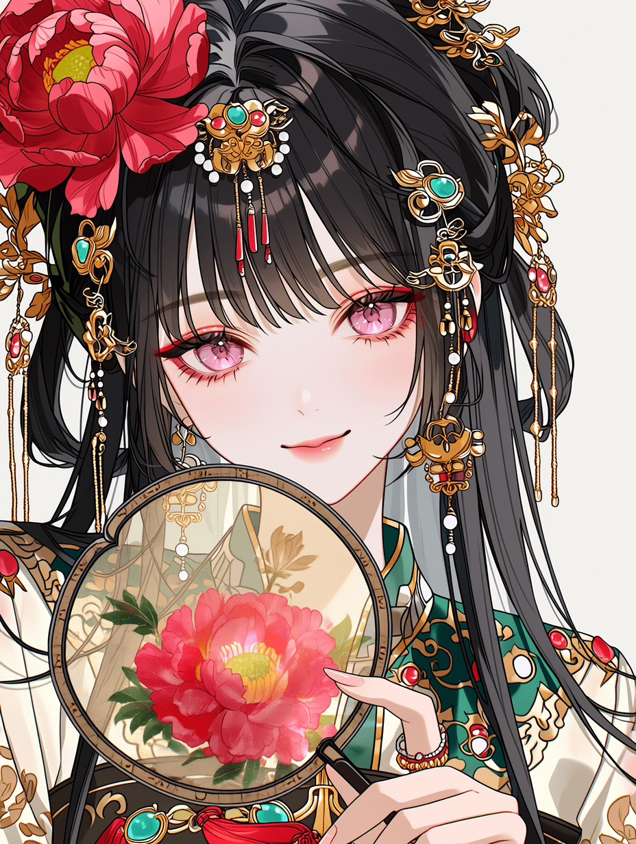 动漫风格，身穿传统中式汉服的年轻女子，乌黑长发配以精致金簪与红色牡丹花，手持梅花团扇，粉色眼眸，面带温柔微笑，服饰布料图案极度精细，佩戴珍珠与玉制首饰，发丝细腻，画面锐利聚焦，8K分辨率