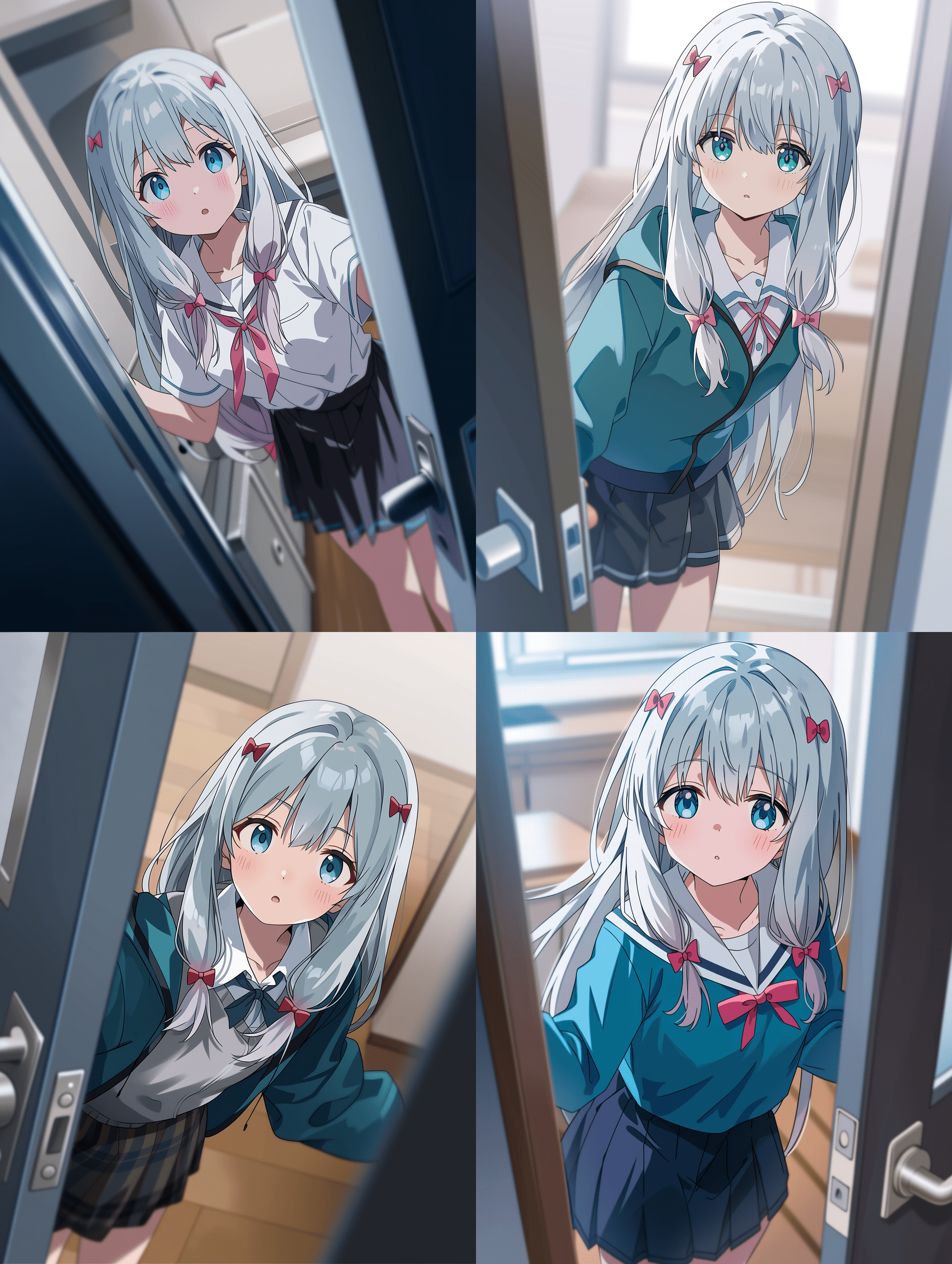 动漫风格，来自《Eromanga Sensei》的伊津美沙季，身穿校服的银发少女，从门框处以动态视角呈现，采用三分法构图，浅景深虚化背景，门框形成引导线，电影级取景，视觉平衡。