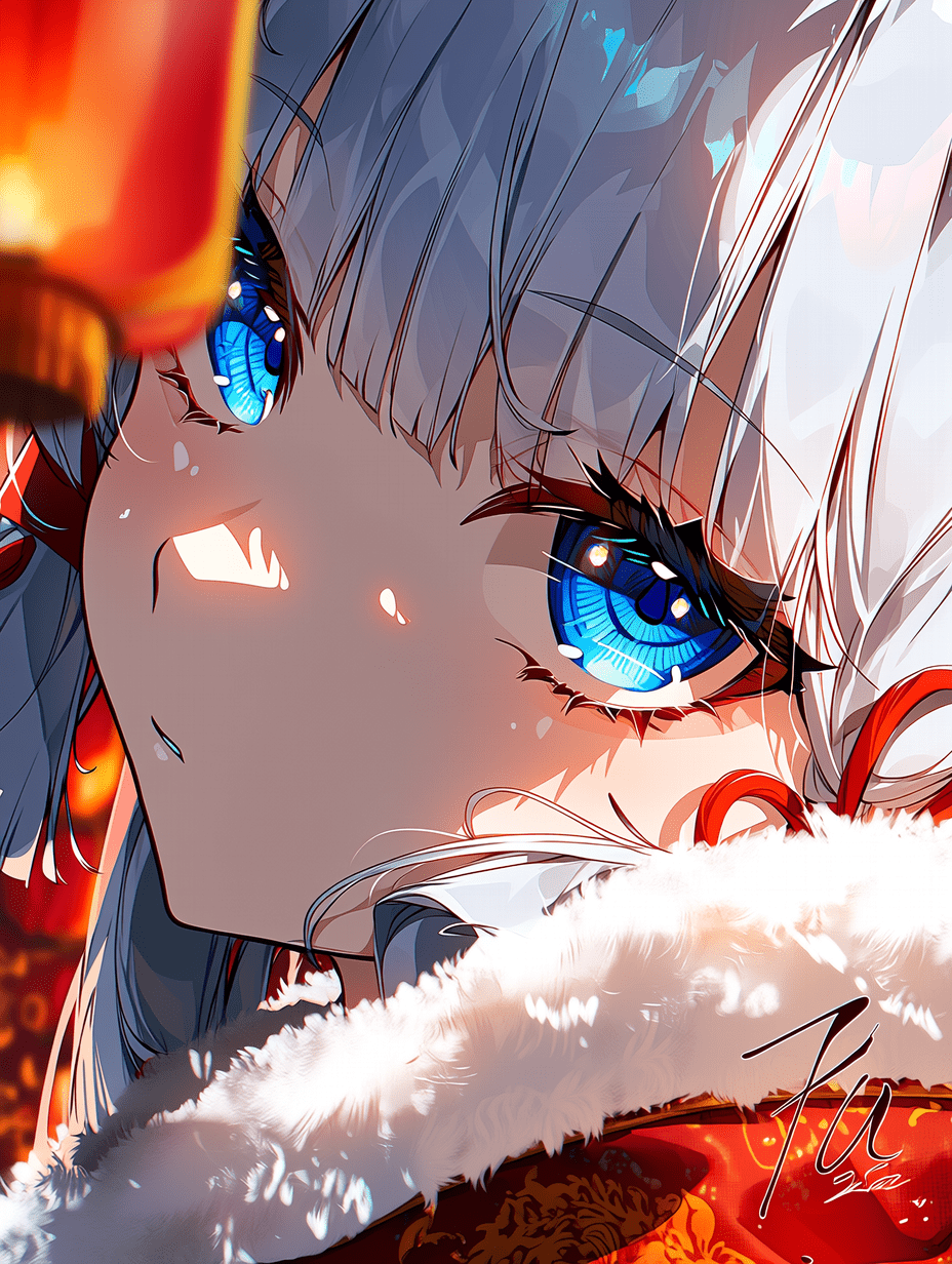 精致的动漫插画，描绘神里绫华，新年主题美学，光泽感银白色长发带有柔和高光，富有表现力的蓝色眼眸映着温暖反光，繁复的红色织物纹理配以白色毛边装饰，灯笼散发的体积感暖光，专业数字艺术，面部特征与“福”字书