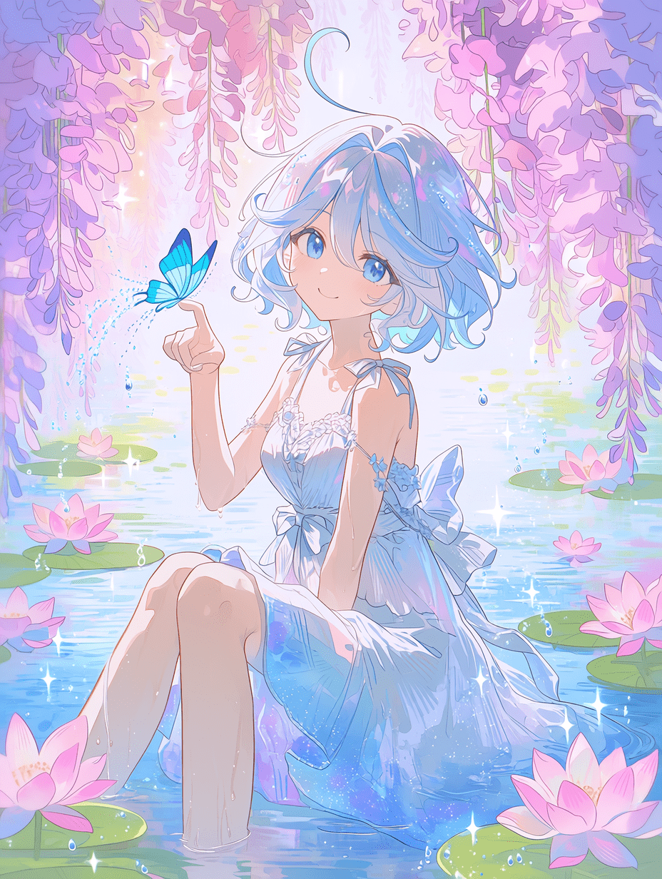 梦幻的芙宁娜置身于魔法般的水边花园，柔和梦幻的光线洒落，四周漂浮着发光粒子与闪烁光点，浅蓝色波浪短发伴着俏皮的ahoge轻柔飘动，明亮的蓝眸带着温柔喜悦的凝视，身着优雅的白色与浅蓝渐变无袖长裙，胸前系