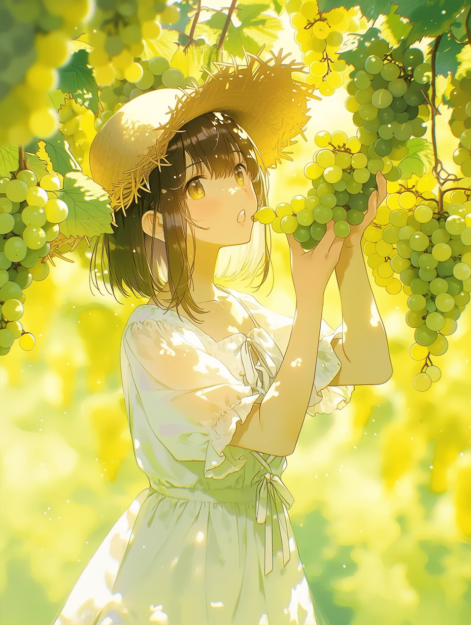动漫风格，身穿白色连衣裙、头戴草帽的少女正在采摘葡萄，背景是阳光斑驳的葡萄园，明亮的黄绿色调，柔和日光，中景构图，杰作，最佳质量，高度细节