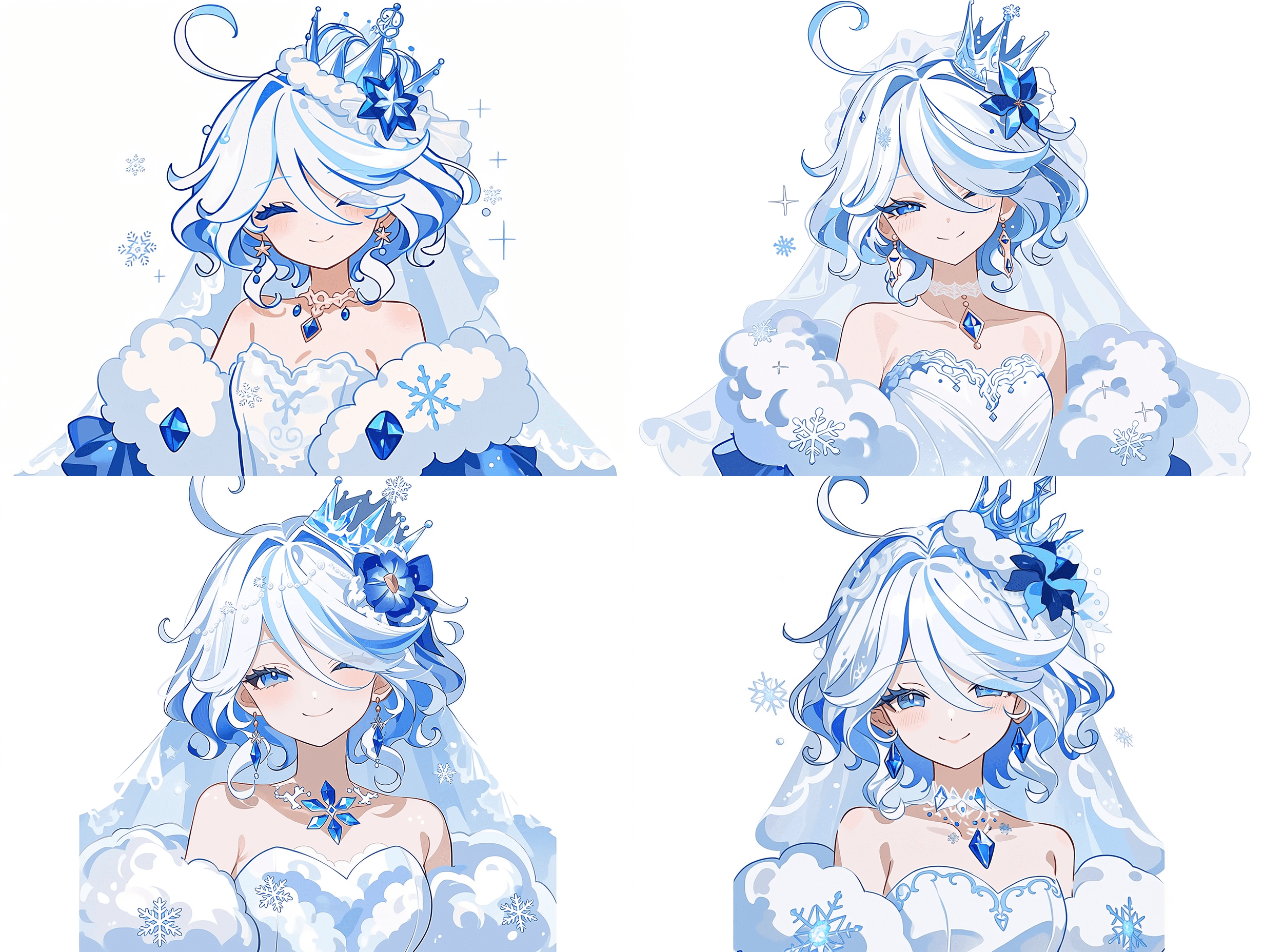 《原神》中的芙宁娜被描绘成一个可爱的动漫女孩，留着白蓝相间的头发，头戴冰冠。她面带微笑，身穿由云朵和雪花制成的婚纱，颈部点缀着蓝宝石。背景为纯白色，营造出梦幻般的氛围。采用矢量插画风格，结合手绘动画感