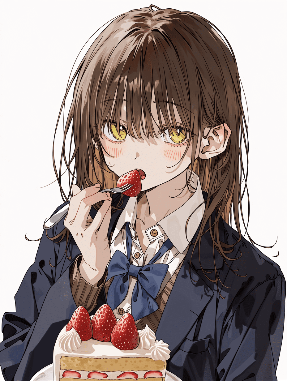 动漫风格插画，一位棕色头发、琥珀色眼睛的女学生正在吃草莓蛋糕，发丝超精细，蛋糕与糖霜具有复杂纹理，焦点锐利，深色西装外套上的布料褶皱细节丰富，采用精细线描风格。
