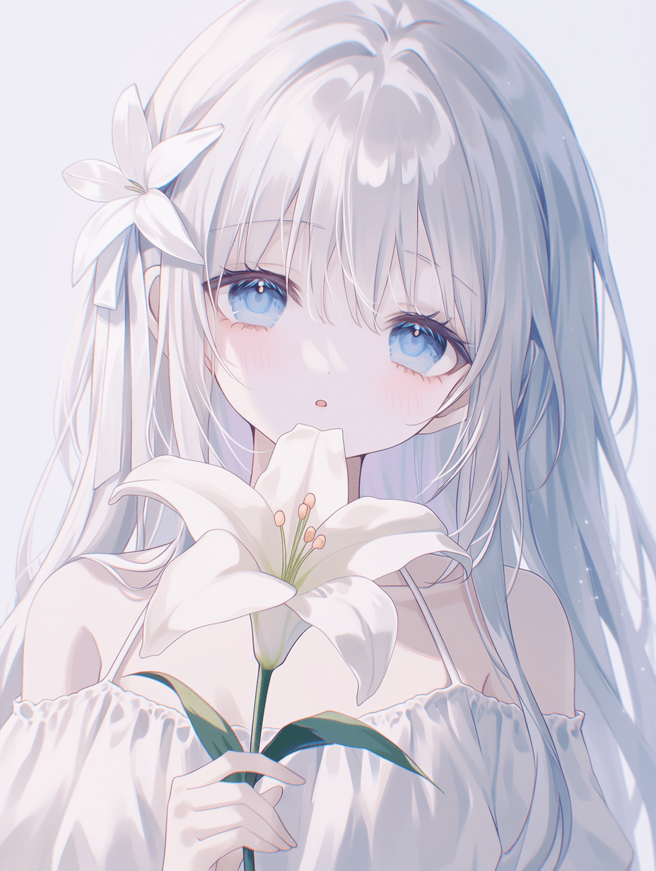 动漫风格，一位银发蓝眼的少女手持白色百合花，柔和的粉彩色调，温柔的光线，中近景构图，杰作，最佳质量，高度细节