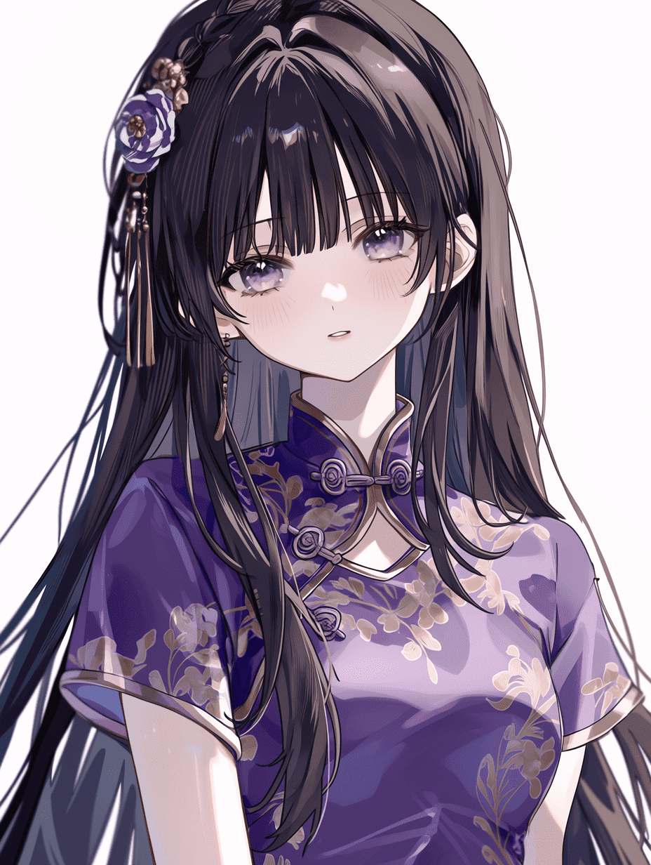 动漫风格，美丽的长黑发少女，身着优雅的紫色旗袍，佩戴传统中式发饰，柔光照明，杰作，高质量，高度细节化，半身肖像