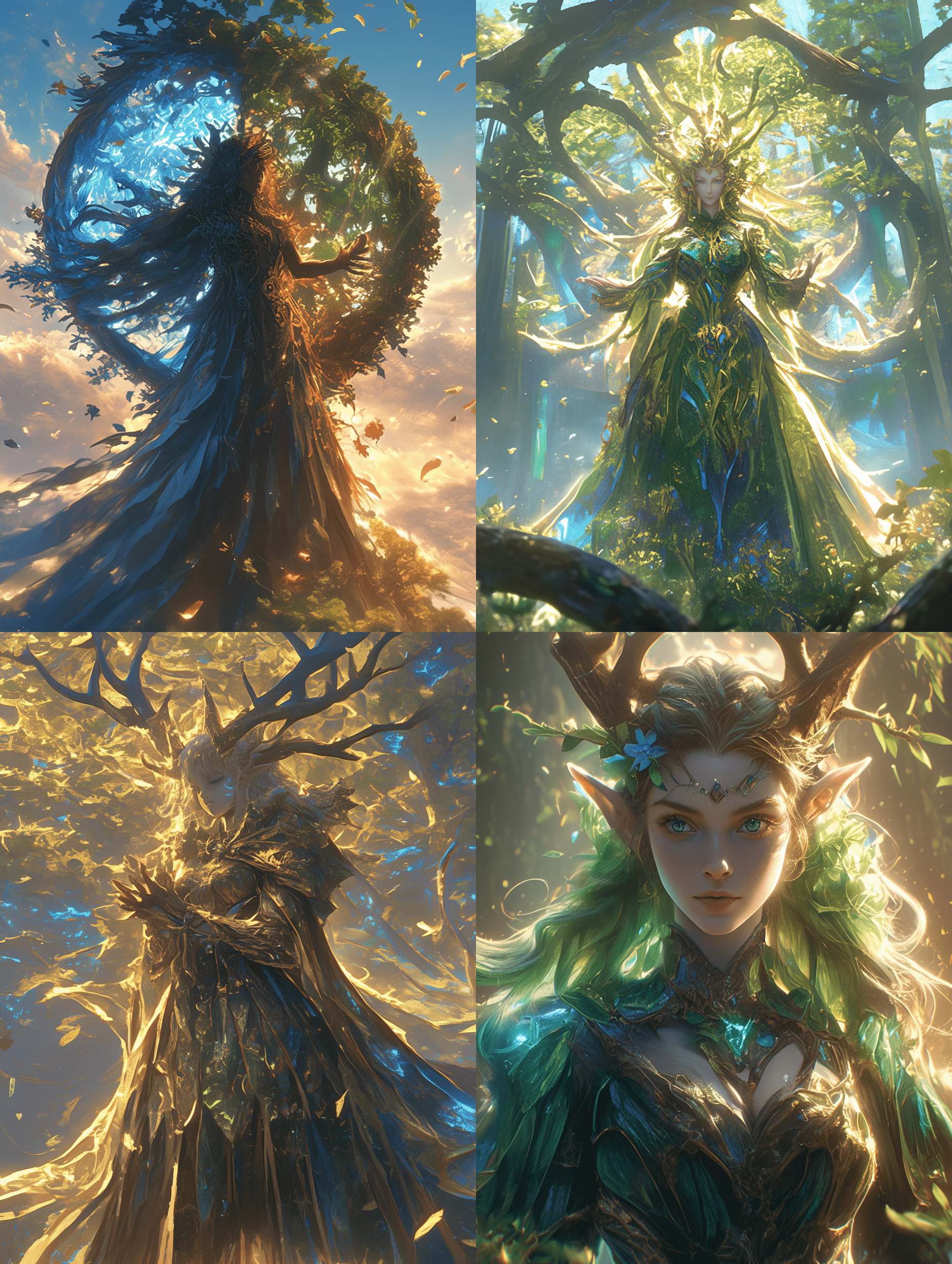 四季女神，空灵而庄严，伫立于变幻元素的漩涡之中。她掌控时间之力，长袍流转着初春的绽放花瓣、盛夏的翠绿枝叶、金秋的落叶与寒冬的霜雪。电影级构图，体积光效，精细细节，神圣氛围，幻想艺术，超写实，8K。