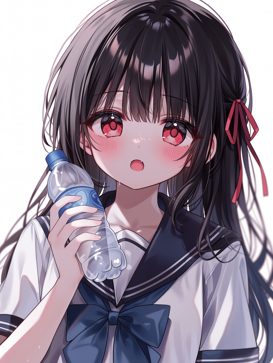 动漫风格，黑长发红瞳少女身着水手服，手持水瓶，发间系红色丝带，佩戴蓝色领结，脸颊微红，表情惊讶，白色背景，柔和光线，半身肖像，杰作，最佳画质，高度细节
