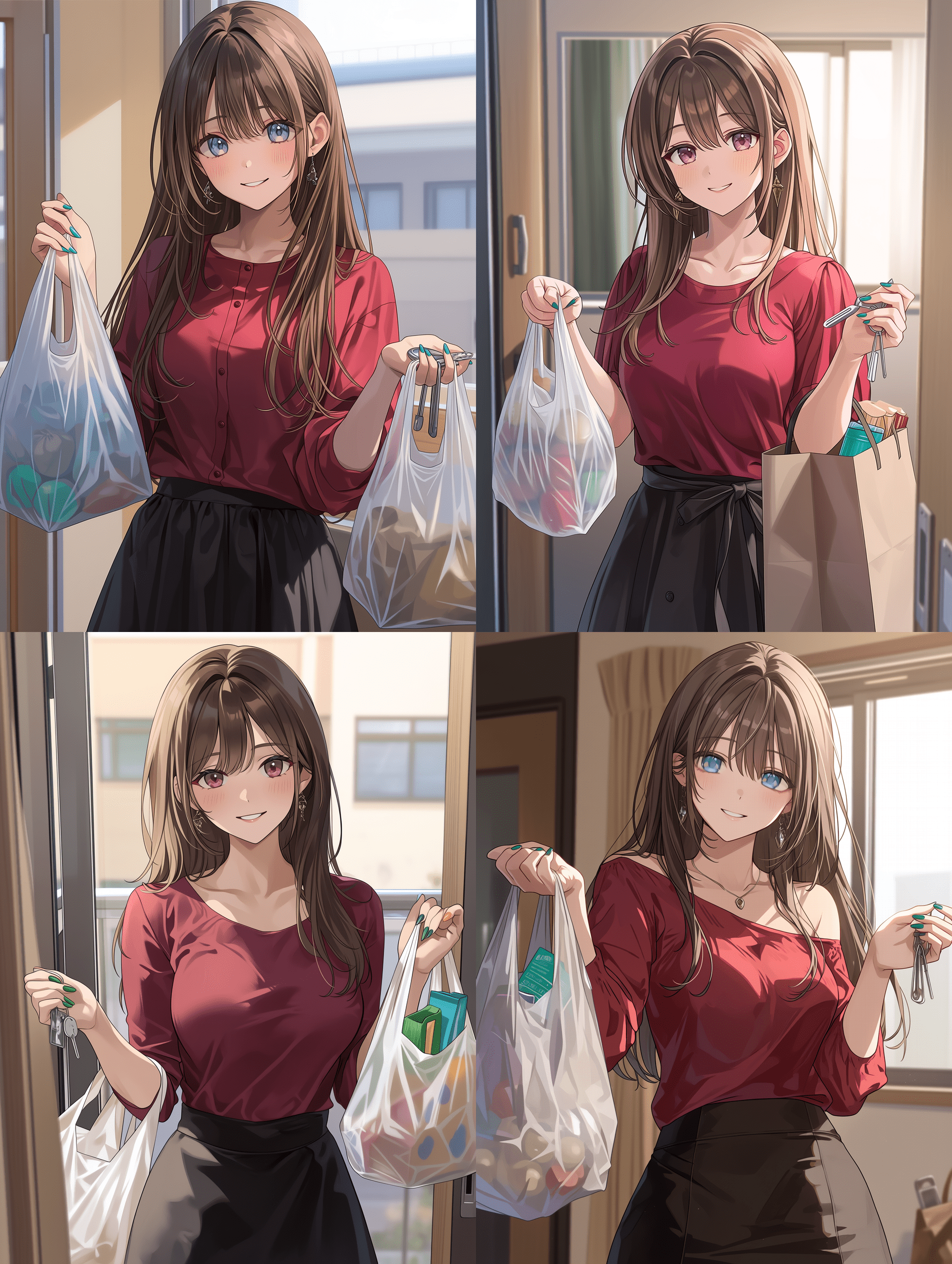 动漫风格，一位留着棕色长发、紫色眼睛的年轻女子，身穿红色上衣和黑色裙子，手持塑料购物袋和钥匙，指甲涂着青色指甲油，面带温柔的微笑，背景为现代公寓内部，窗户透入柔和的自然光，半身像，杰作，最高质量，高度