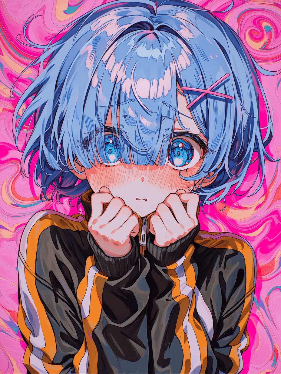 动漫风格，来自《Re:Zero》的蕾姆，蓝色短发，穿着黑橙相间的运动服，脸红，表情害羞，双手靠近脸部，背景为漩涡状粉色，杰作，最佳质量，高度细节，色彩鲜艳