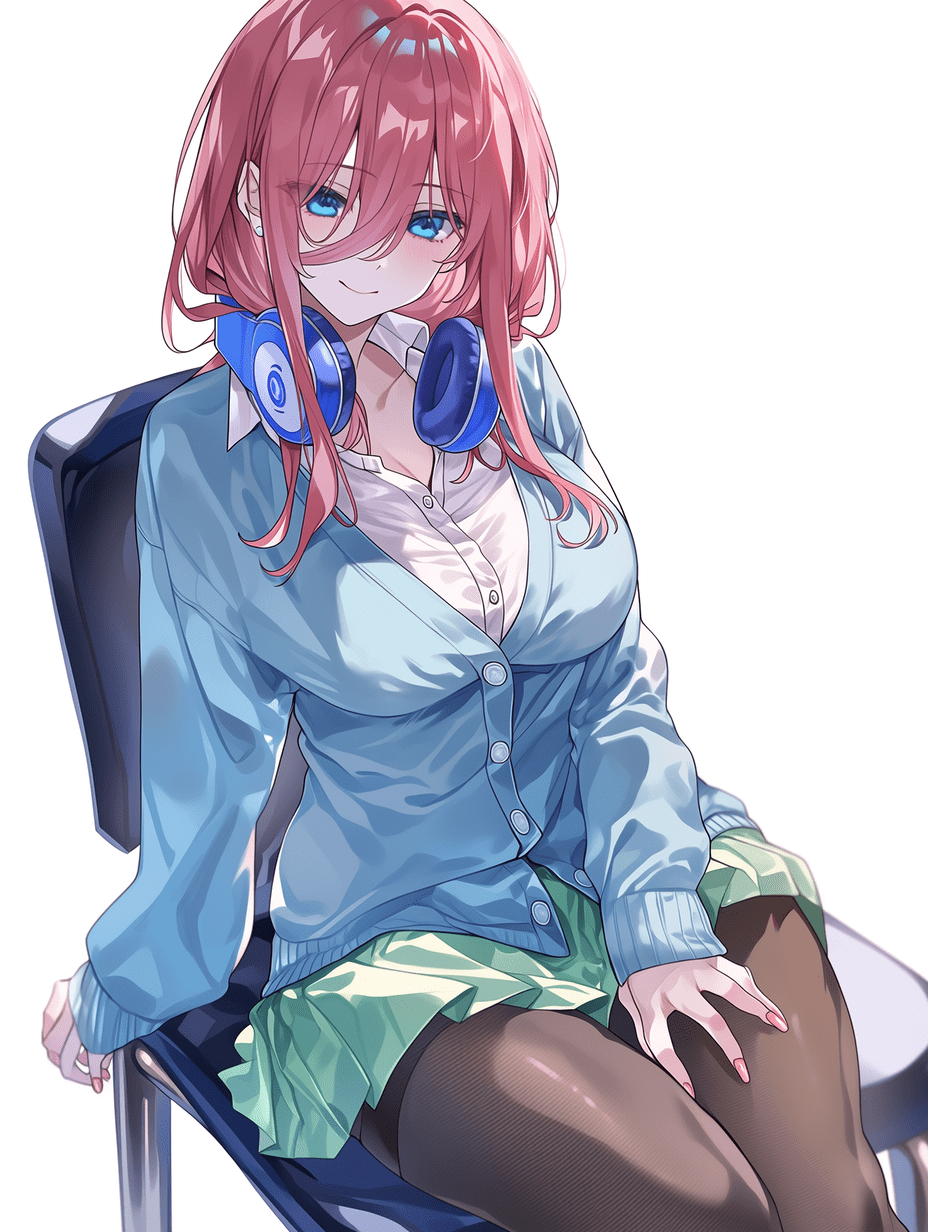 动漫风格，来自《五等分的新娘》的中野四叶，粉色头发，蓝色耳机挂在脖子上，穿着浅蓝色开衫和绿色短裙，搭配黑色连裤袜，坐在椅子上露出温柔微笑，白色背景，杰作，最佳质量，高度细节