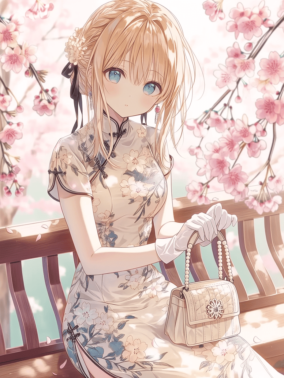 动漫风格，金发蓝眼少女身着花卉旗袍，发间系黑色丝带，佩戴白色手套，手持珠串手提包，倚靠木制栏杆，背景为飘落的樱花枝条，柔光映照，粉彩色调，杰作，最高画质，细节丰富