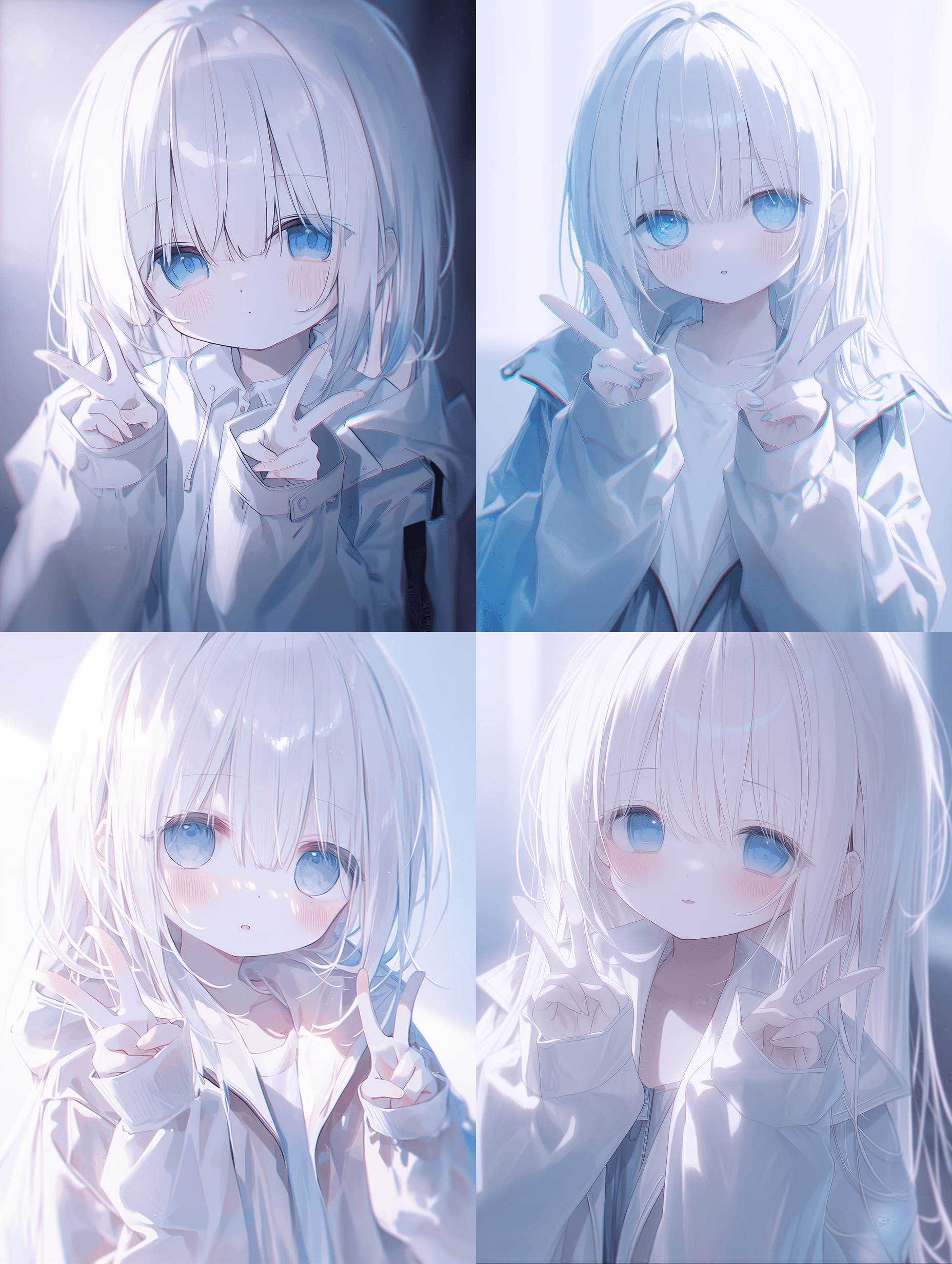 动漫风格插画，白发蓝眼少女比出和平手势，柔和散射光突出发丝质感，外套以淡雅冷色调为主，脸颊微红，充满电影感的宁静氛围与温柔光晕