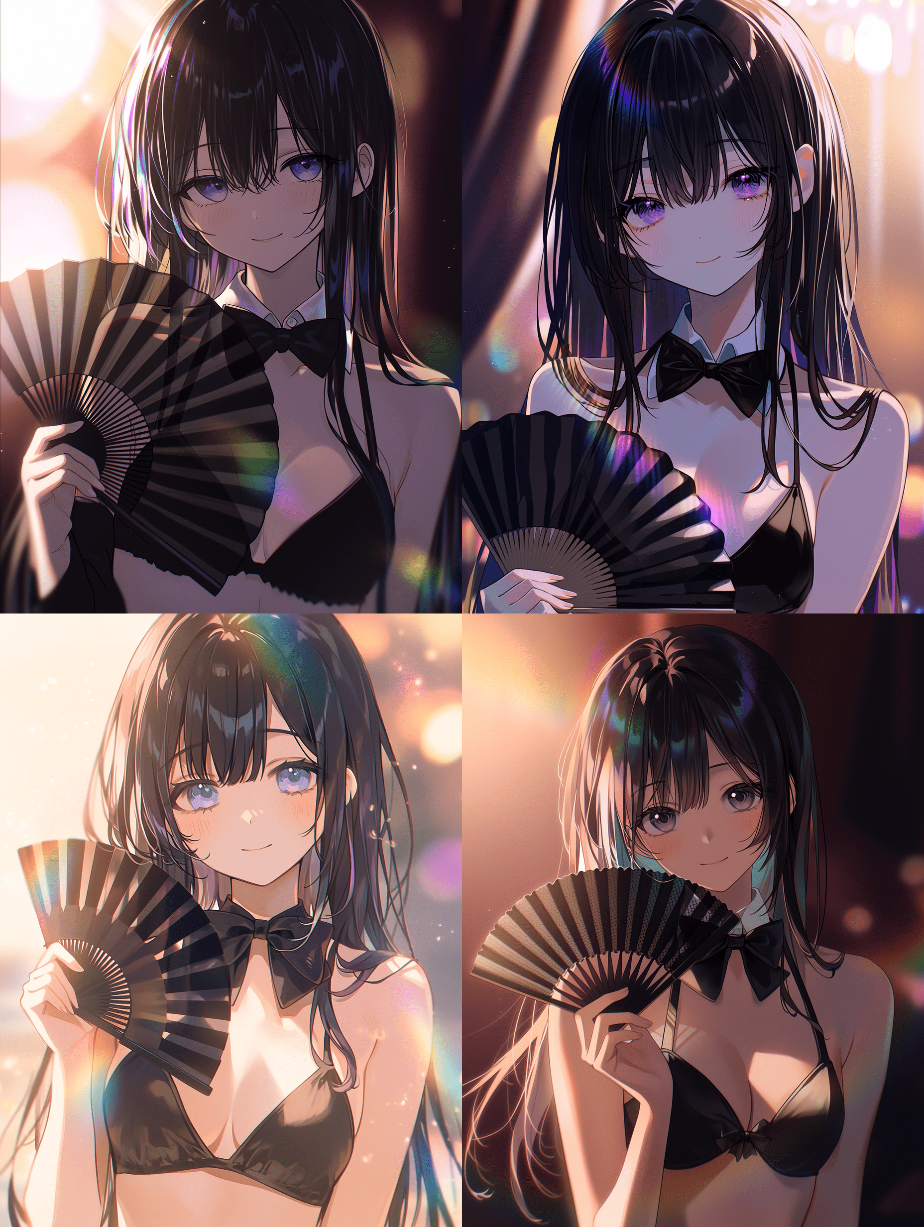 动漫风格，年轻女性，黑色长发带有彩虹挑染，身穿带有蝴蝶结领口的黑色比基尼上衣，手持黑色折扇，温柔的微笑，紫色眼睛，柔和的漫射光，温暖的光辉，电影般的氛围，增强色彩，优雅的情绪，梦幻的灯光