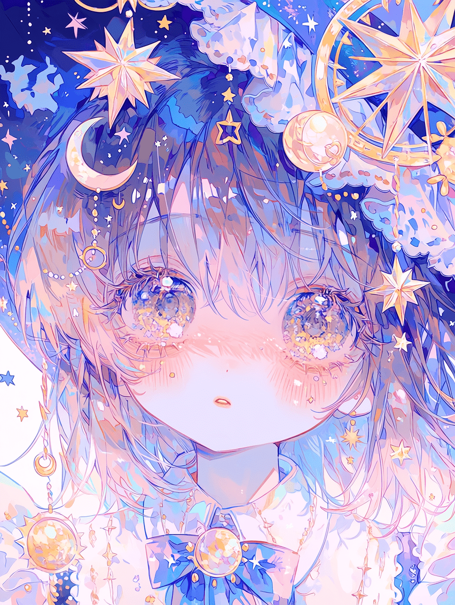 一位动漫风格的年轻女性占星师，身着带有神秘星象主题的服饰，周围环绕着发光的黄道十二宫符号和天体光球，柔和的粉彩色调，梦幻的星空夜景背景，大而富有表现力的眼睛，精致的五官，魔法般的氛围，动漫美学的详细插
