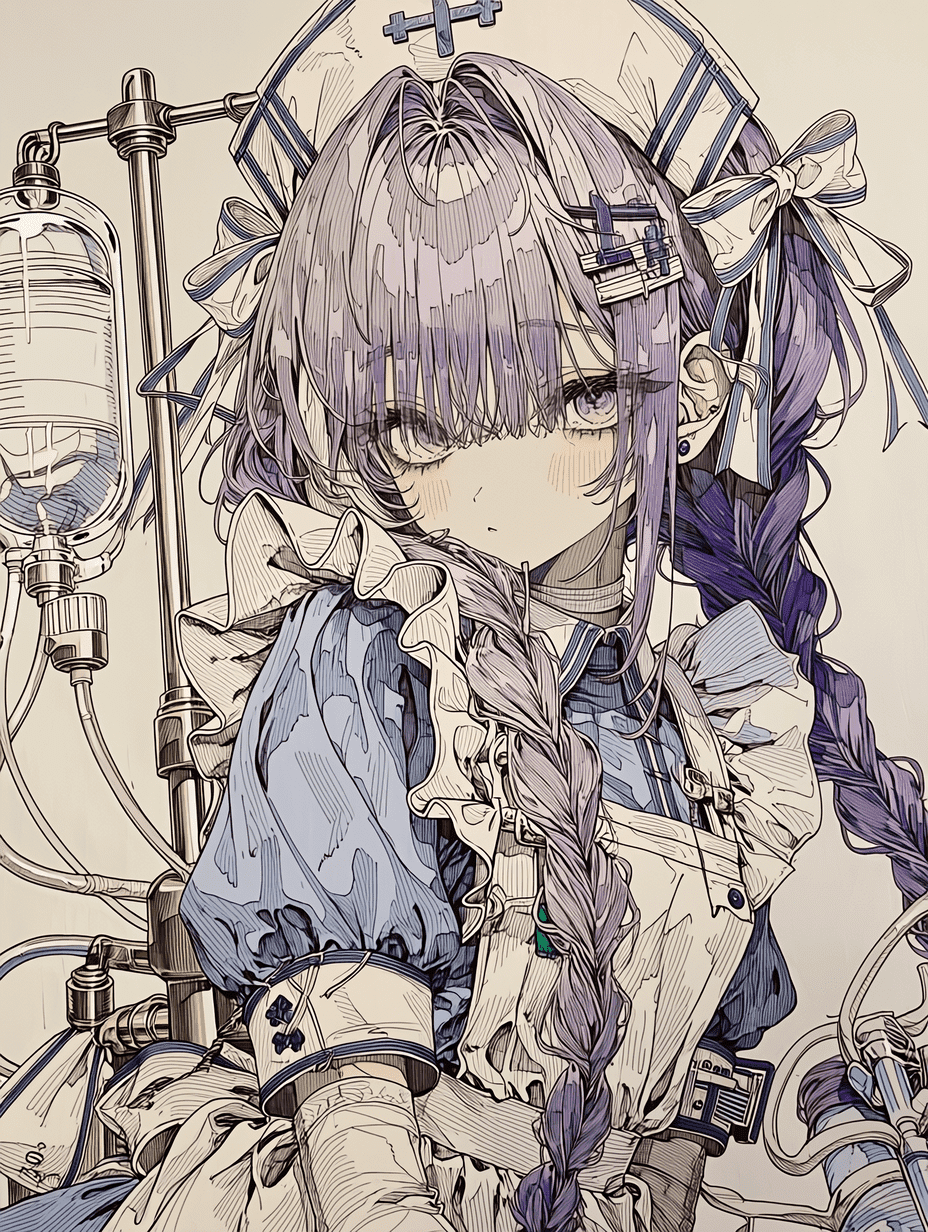 动漫风格，身穿护士制服的紫发少女，长发编成辫子，发丝超精细，服装布料纹理复杂，焦点锐利，配有精细的医疗设备，线条细腻，8K分辨率。
