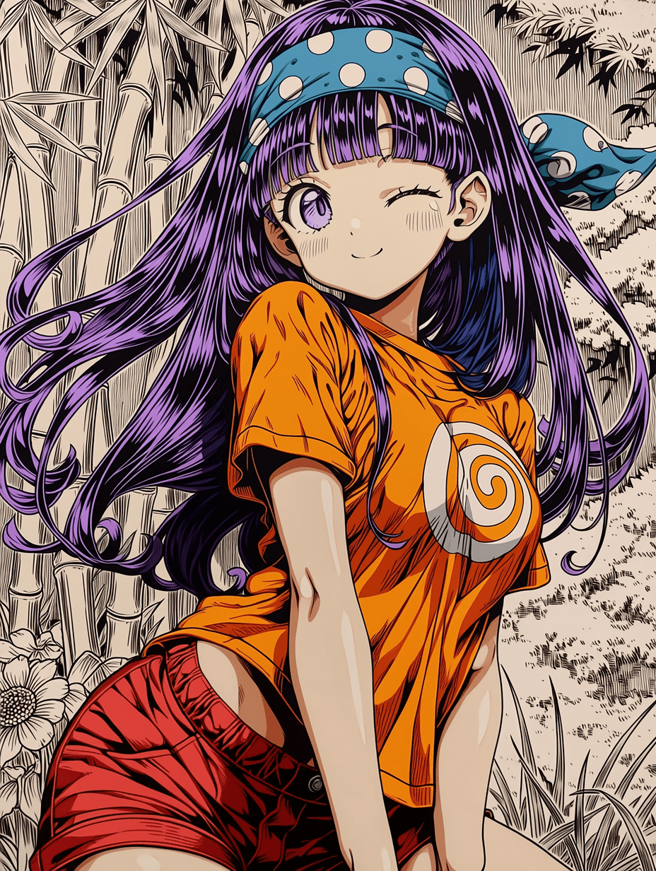 动漫风格插画，一位长紫色头发的年轻女子，戴着蓝色波点发带，单眼俏皮地眨眼，身穿带有螺旋图案的橙色T恤和红色短裤。头发丝缕分明并带有紫色高光，衣物褶皱与纹理精细复杂，背景为细致描绘的花园，包含竹子与花卉
