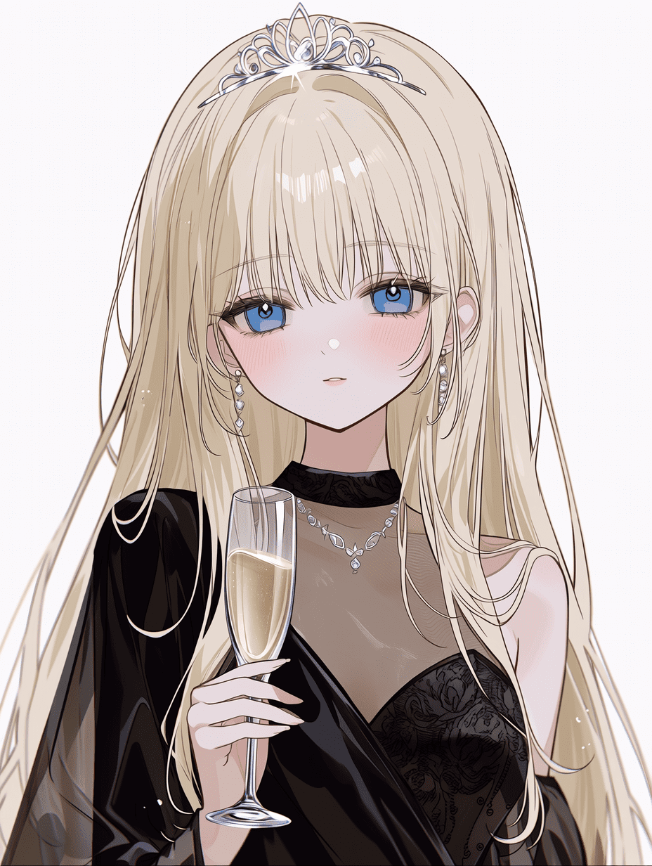 动漫风格插画，金发蓝眼少女身着黑色优雅长裙，外覆透明薄纱，头戴王冠，手持香槟杯，中景构图，柔光照明，高质量，杰作，细节丰富。