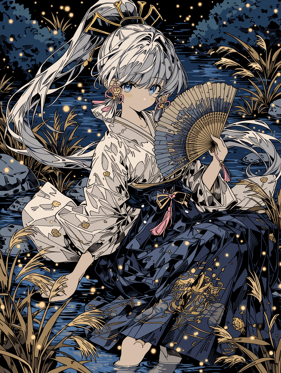 神里绫华以传统日本浮世绘木版画风格呈现，具有经典的江户时代美学：银白色高马尾长发优雅飘动，湛蓝双眸神态宁静，佩戴黑色与金色传统发饰、粉红色流苏耳饰，身着白色带有细腻纹样的和风上衣，深蓝色袴裙饰有金色家