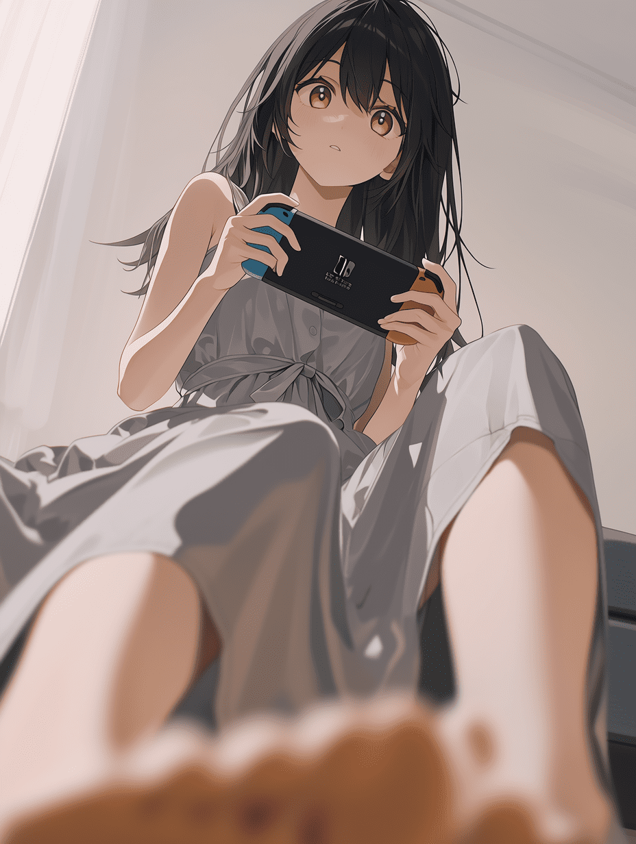 动漫风格，一位黑发及腰、琥珀色眼眸的年轻女性，身着灰色无袖连衣裙，坐在地板上手持Nintendo Switch，低角度拍摄，浅景深，前景脚部模糊，动态构图，电影级镜头感