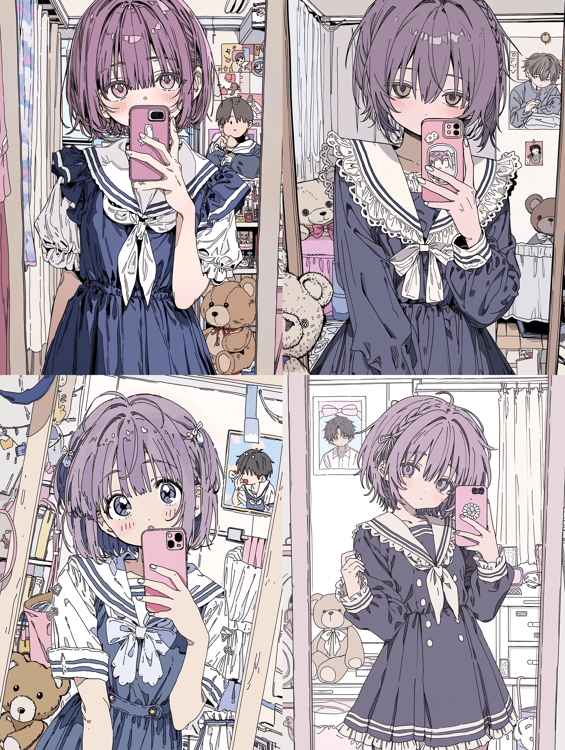 动漫风格，短紫发少女身穿水手服，手持粉色手机对镜自拍，手中还拿着一张男孩的照片，超精细的布料纹理，错综复杂的发丝细节，背景房间装饰丰富，有泰迪熊和海报，焦点清晰，线条锐利