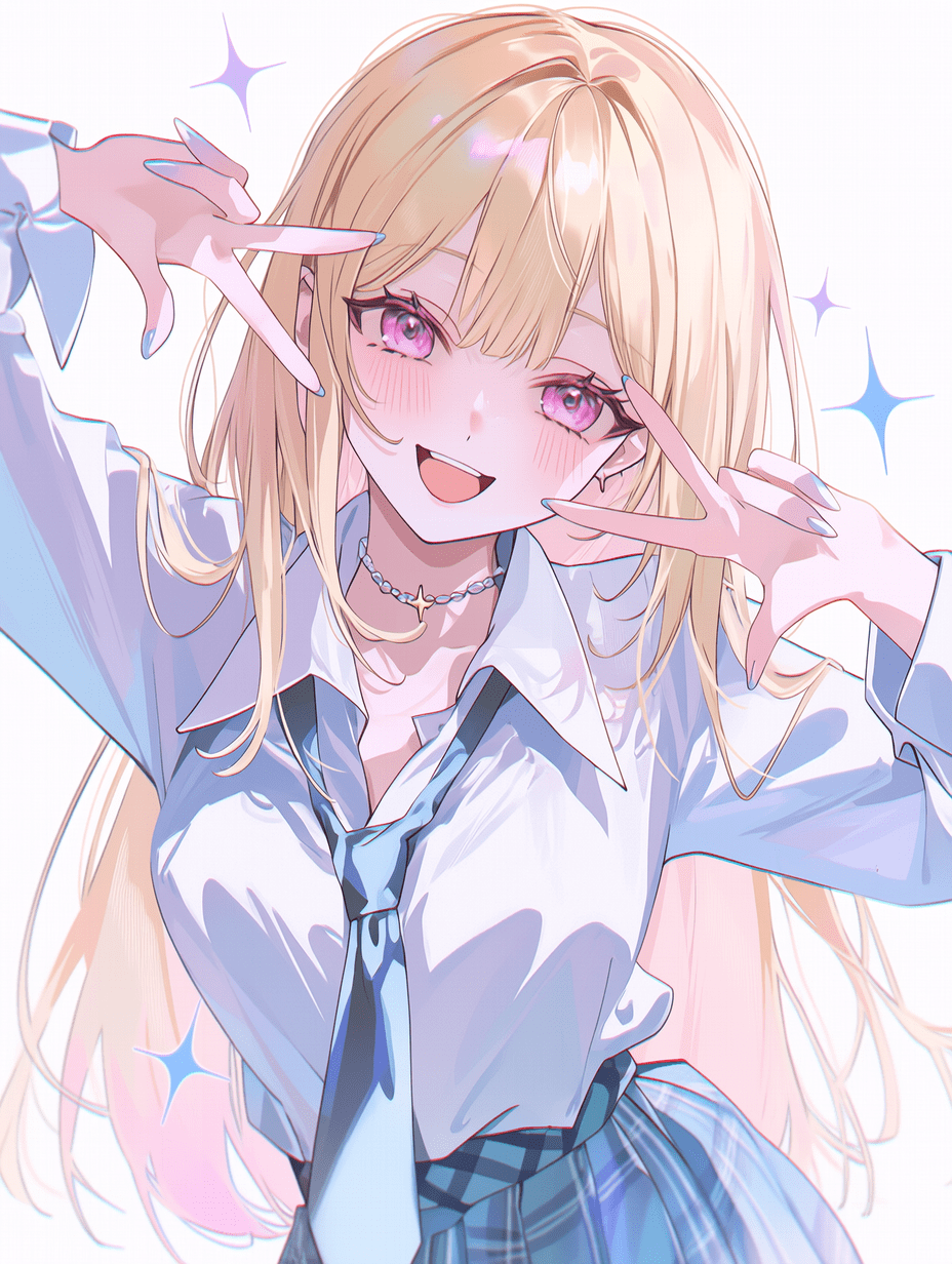 动漫风格，金发粉眼的动漫少女，笑容灿烂，双手托腮，身穿校服，白衬衫蓝领带格子裙，佩戴项圈项链，柔和的粉彩光效，漂浮的星尘闪光点，白色背景，杰作，最佳质量，高度细节，赛璐璐风格，8K分辨率